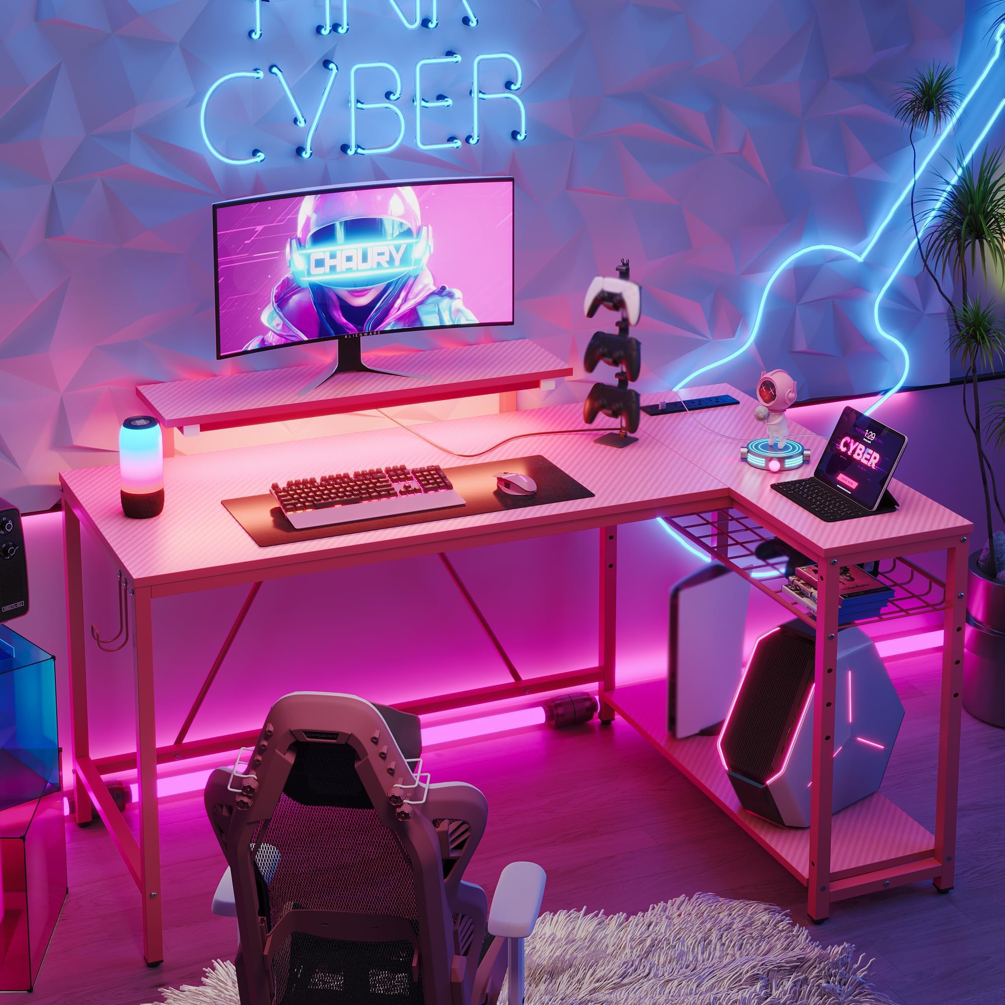 52" Gaming Desk with Integrated Power Outlet & USB Ports, L-Shaped Computer Desk with LED Strip & Headphone Hooks, Perfect for Home Office Pink