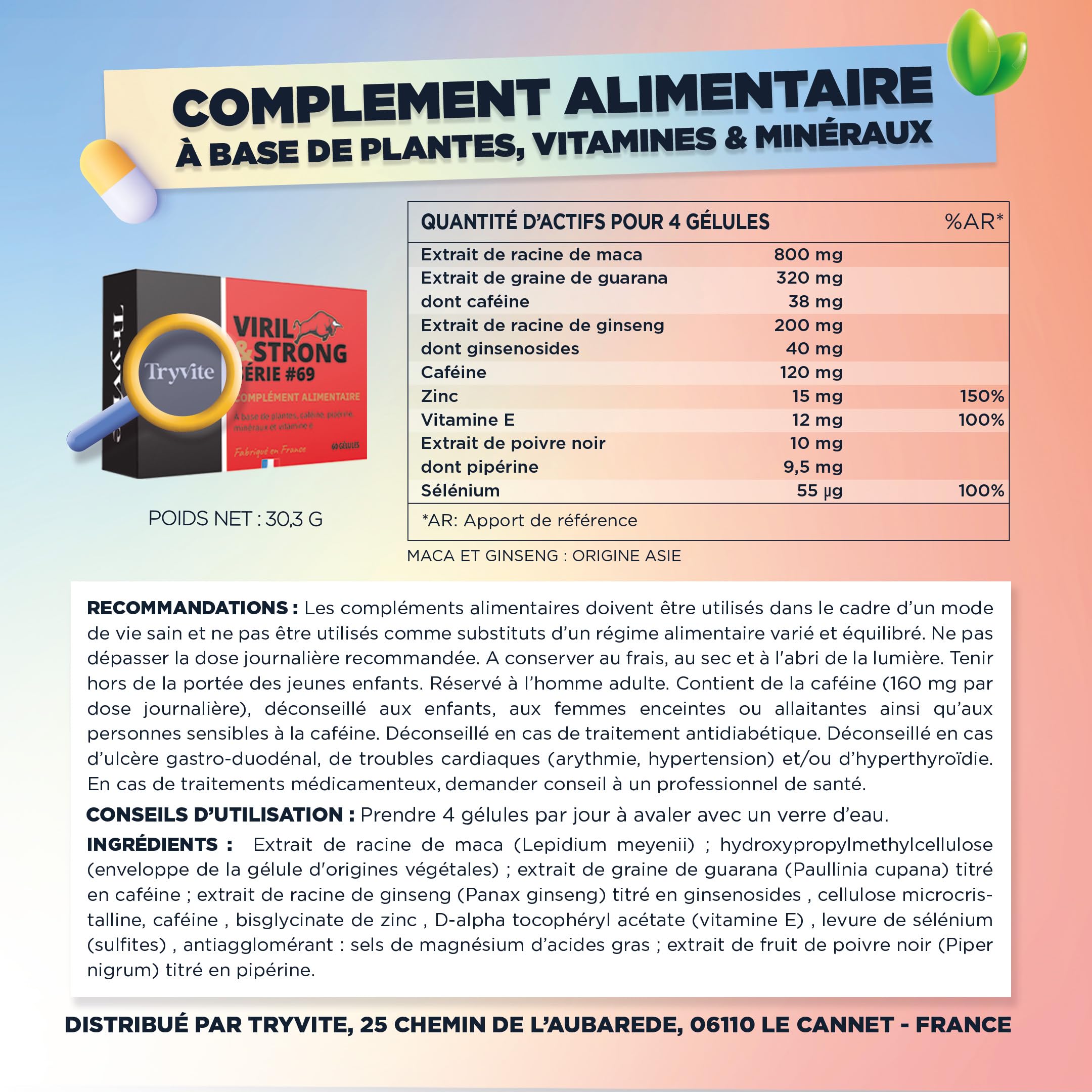 TRYVITE | Formule pour Homme actifs | 60 Gélules | Avec Ginseng -MACA- Guarana - Zinc