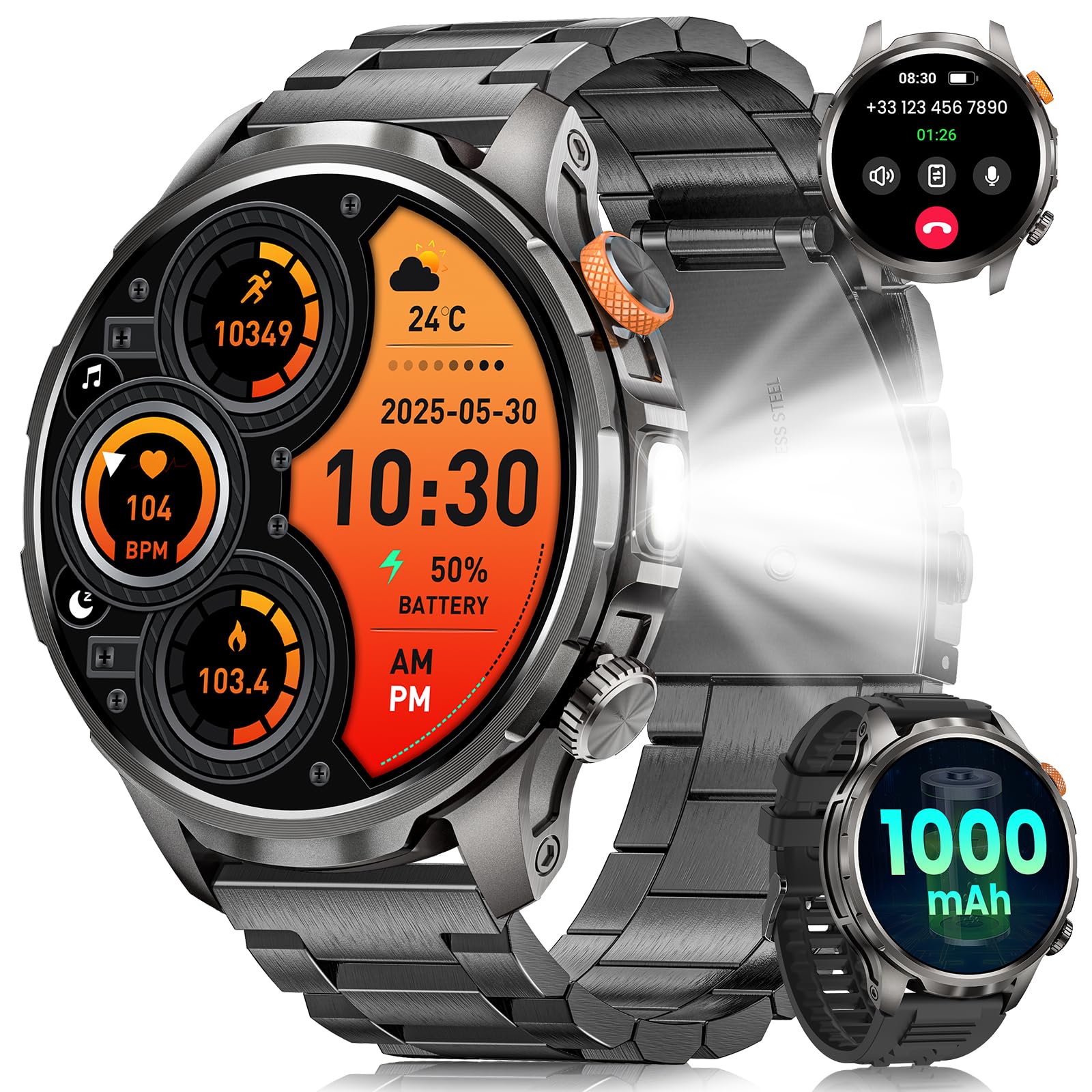NAIXUES Smartwatch Uomo Militare con 1000mAh/Torcia LED/5ATM, 1,91" AMOLED Smartwatch Fitness con Chiamate/110+ Modalità Sportive/Cardiofrequenzimetro/SpO2/Sonno/Notifiche Messaggi Android iOS Nero