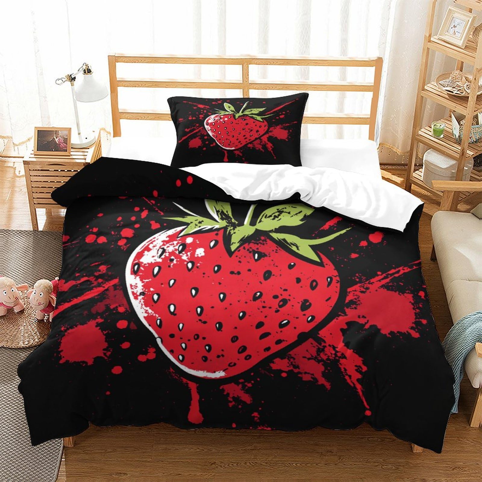 P1s9u7w5y Strawberry-1 Vivid Strawberry Art 3D Printed Duvet Cover Set 3Pcs Microfiber Fruit Strawberry Bedding Set Single（135X200cm）