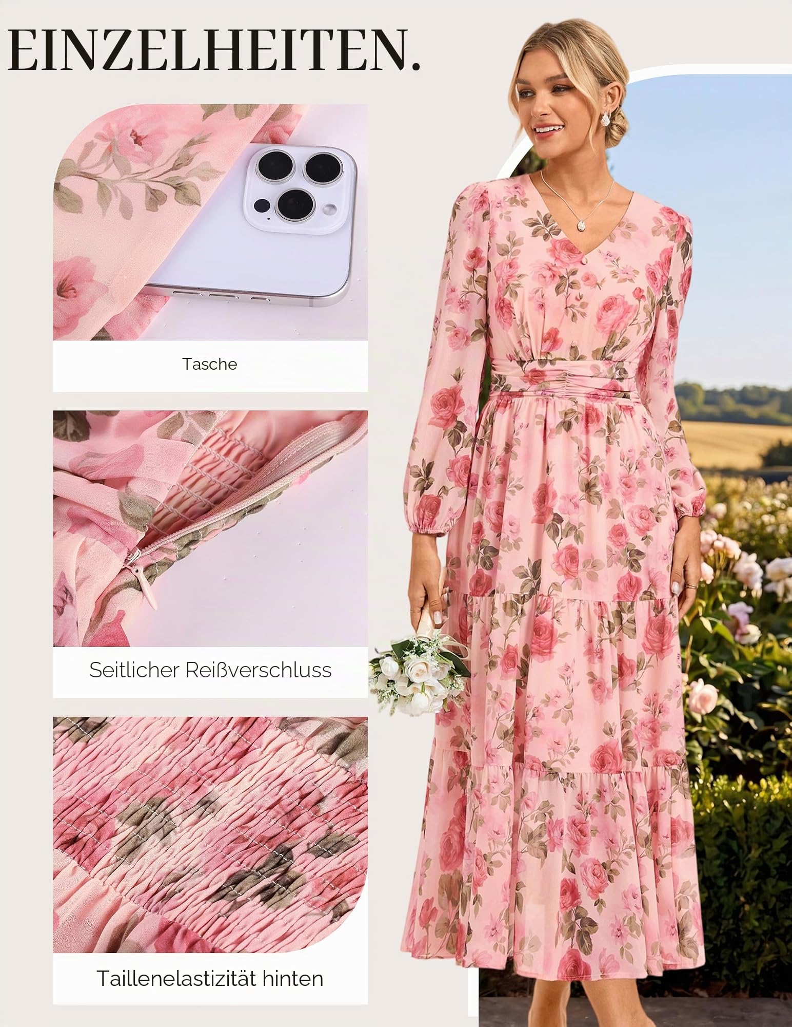 GRACE KARIN Damen Kleid V-Ausschnitt Langarm Hochzeitsgast Blumen Maxikleid | A-Linie Chiffon Kleid. Mit Reißverschluss & Taschen. Perfekt für Hochzeitsgast, Feste & Partys.