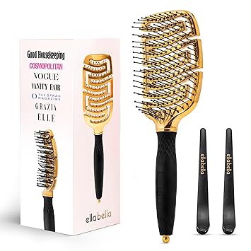 ELLA BELLA Detangling Hair Brush Set - Vented Fast Dry Blow Drying Brush for Women - Professional Styling Kit with Hair Clips & Sectioning Pin - Flexible Anti-Static Brush for All Hair Types