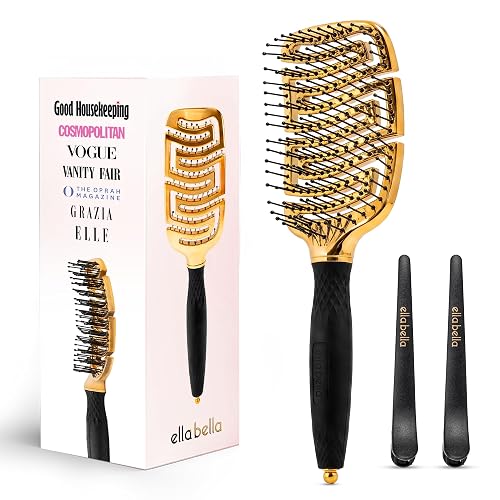 ELLA BELLA® Detangling Hair Brush Set - Vented Fast Dry Blow Drying Brush for Women - Professional Styling Kit with Hair Clips & Sectioning Pin - Flexible Anti-Static Brush for All Hair Types