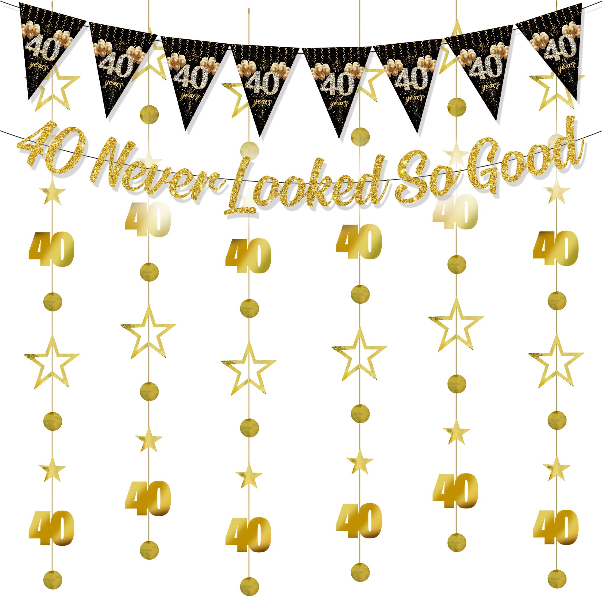 40th Birthday Decoration Men Banner -7 Pcs Black Gold 40 Never Looked So Good Banner Pennants Glitter Hanging Star Dot Streamers For Women 40 Year Old Party(Pre-Strung)