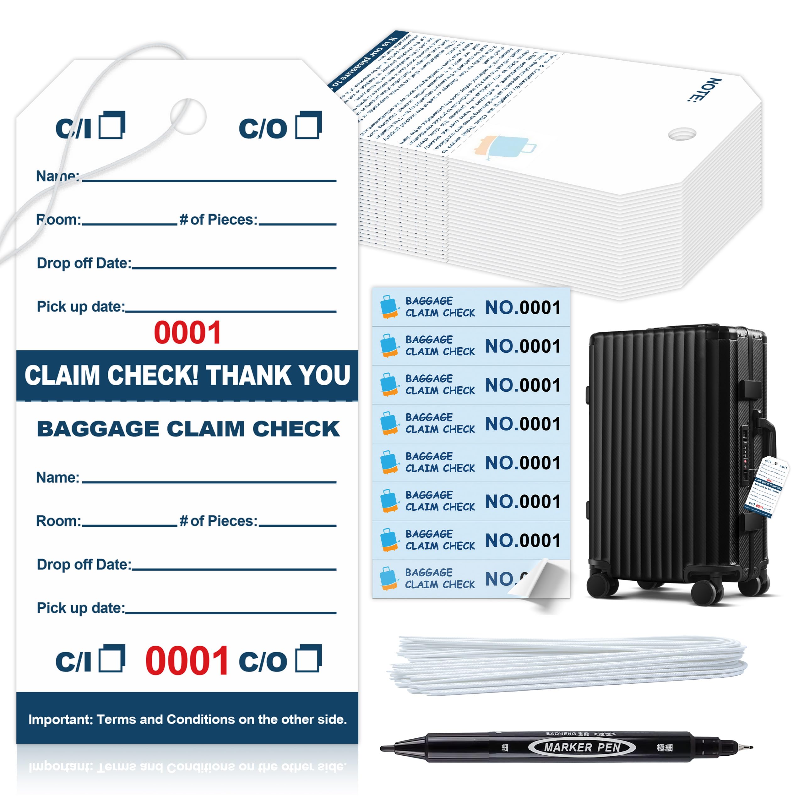 Photo 1 of 1000 Pcs Hotel Luggage Claim Tags 001 to 1000 with Strings 4-3/4 x 2-3/8 Inch with 8 Labels & Matching Numbers Durable Paper Baggage Check Tags with Stubs for Hotels Storage and Transport (1000)