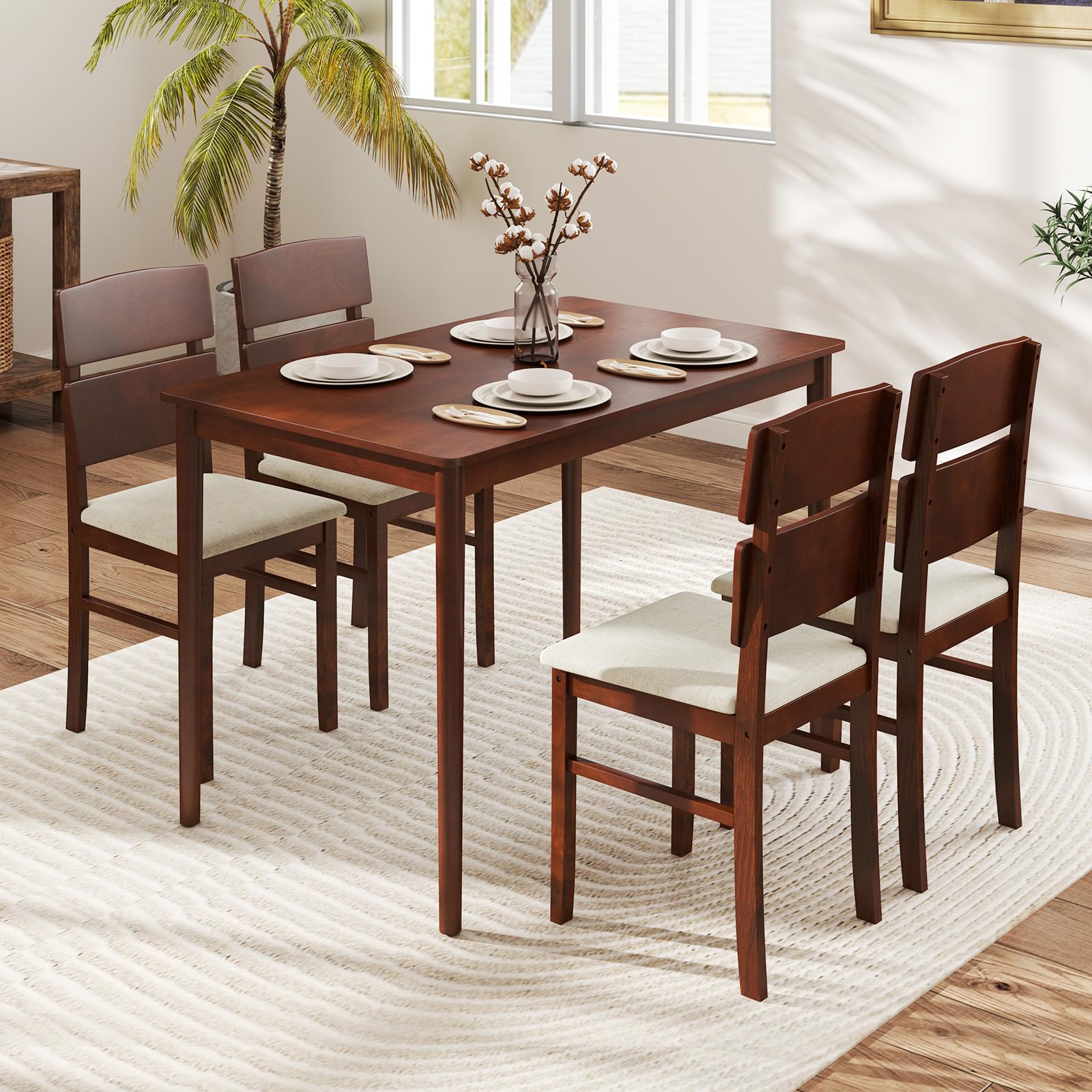 GOFLAME 5-Piece Dining Table Set for 4, Farmhouse Wooden Kitchen Table & 4 Upholstered Chairs with Padded Seat and Rubber Wood Legs, Space Saving
