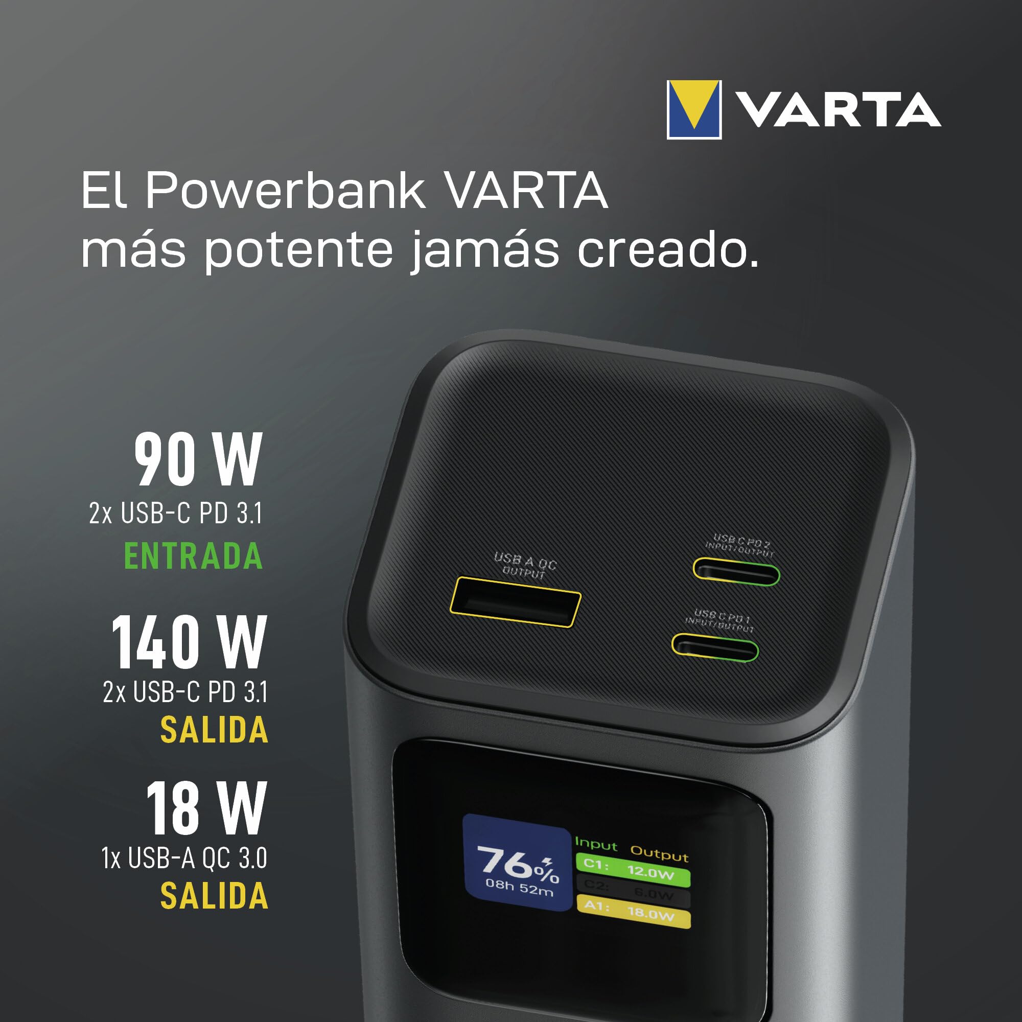 VARTA Batería Externa 27000mAh, Carga ultrarrápida de 140 W, 3 Puertos (2X USB-C; 1x USB-A), Compatible con Ordenador portátil, Smartphone y Tableta, Pantalla Digital, Incluye Cable de 140 W. | para Laptop, smartphone, Tablet y Drohne, 2x USB C PD, 1x USB