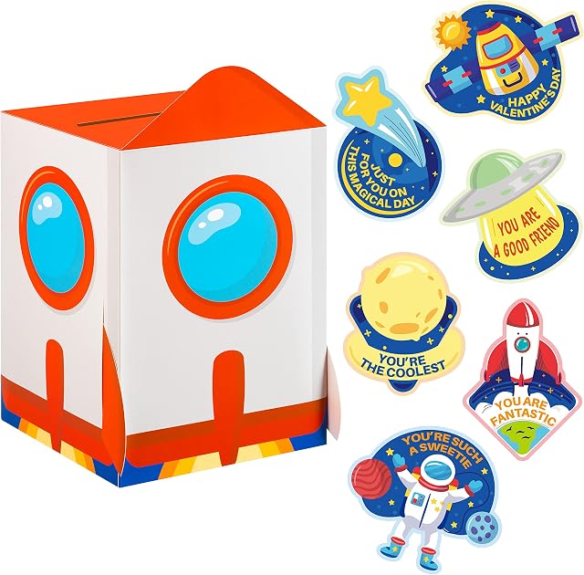 GROBRO7 40Pcs Valentines Boxes for Kids Classroom Exchange Cards Mailbox Kit Outer Space Rocket Astronaut Spaceship 3D DIY Greeting Cards Box, Valentines Day School Games Party Favors for Boys Girls