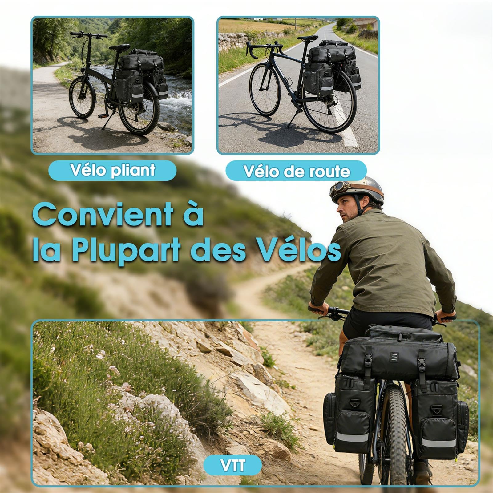 Sacoche Velo Porte Bagage Arriere, Sacoche Vélo 3 en 1 Multifonctionnel Étanche Grande Capacité Sac Velo avec Housse Imperméable, Sac à Dos pour VTT/Outdoor Voyage/Sport
