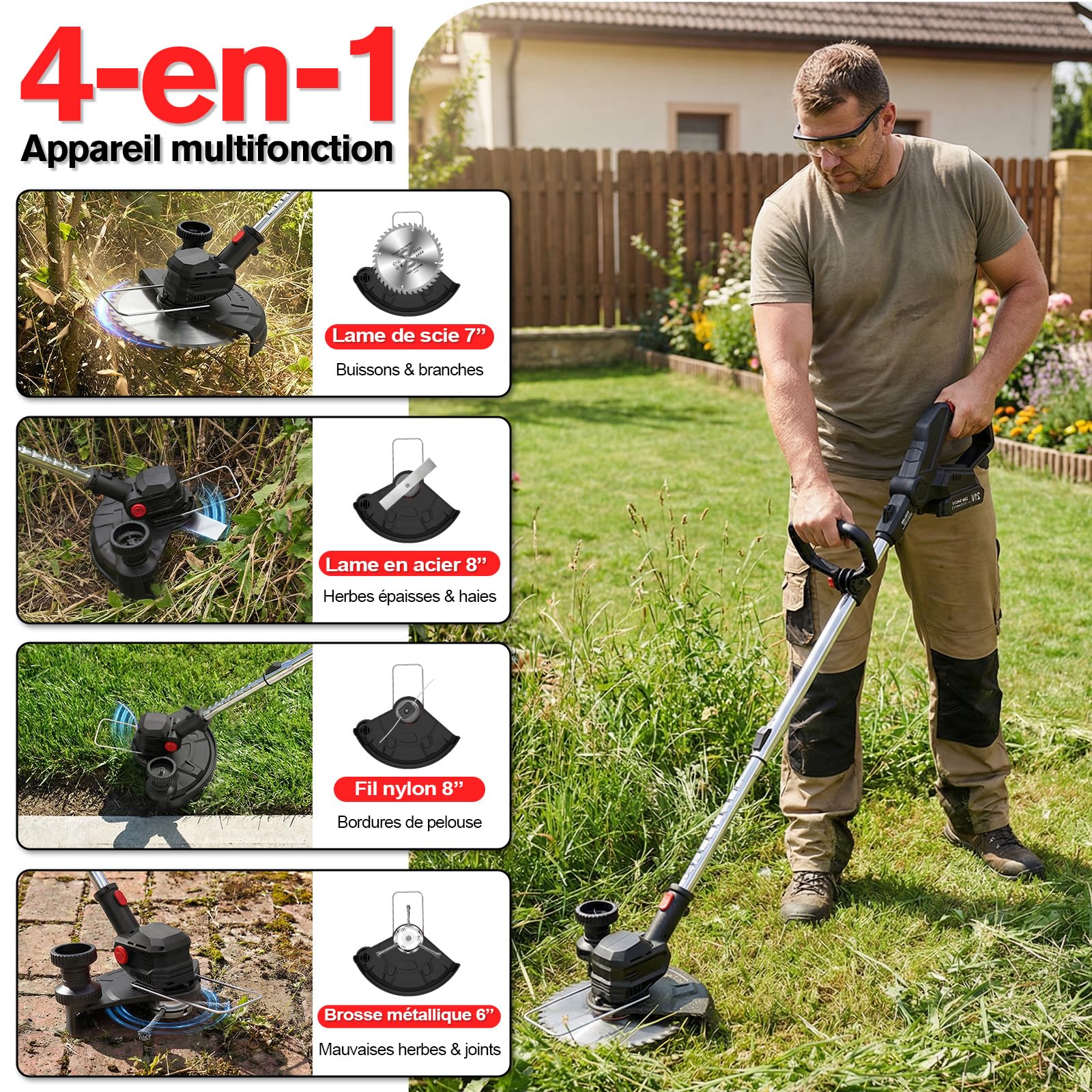 Débroussailleuse à Batterie 21V 850W Max, Coupe-Bordure sans Fil avec Écran LCD (0-100%), Rotofil avec 2 Batteries 2.0Ah, Brosse en Acier et Roues pour Jardin