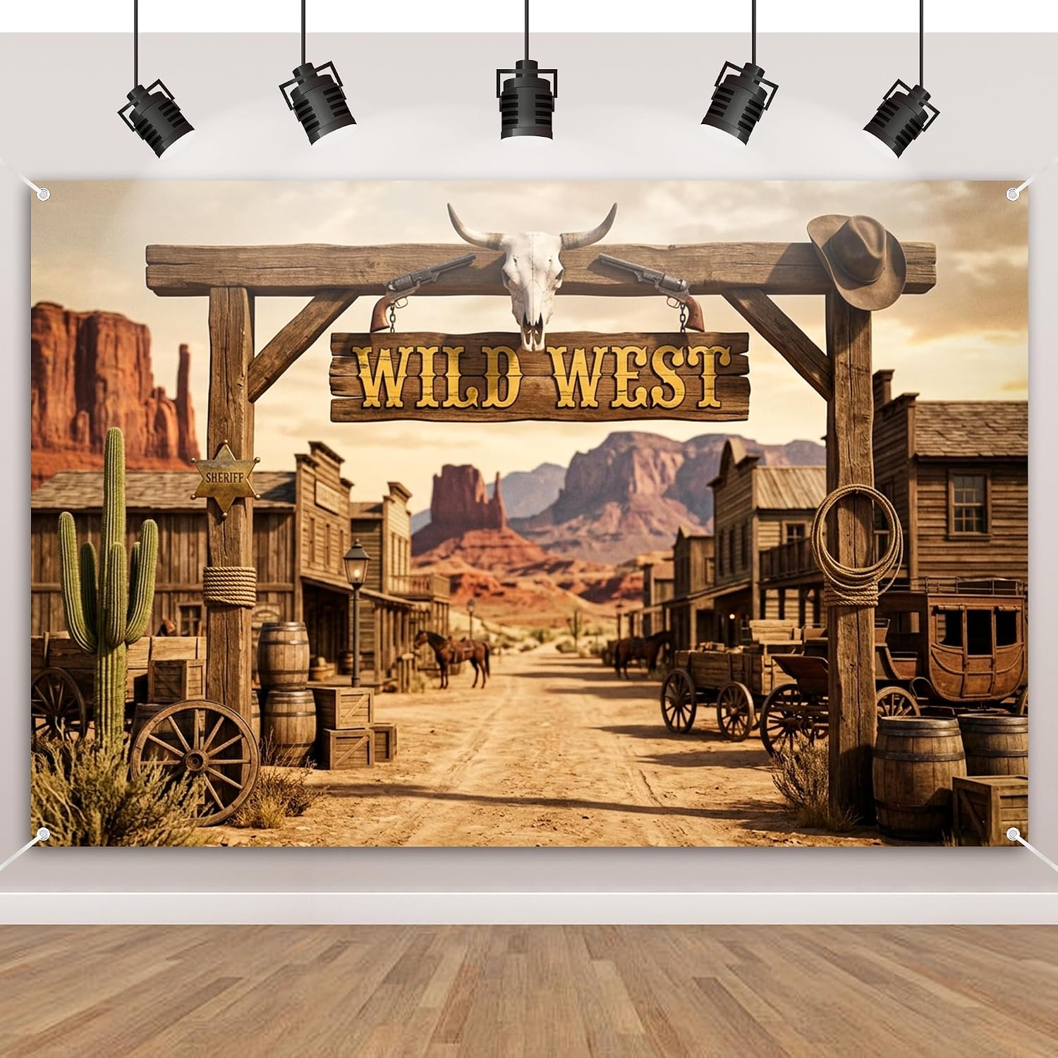 7x5FT Western Backdrop for Photoshoot - High-Resolution Wild West Town Photography Background, Thickened Polyester Western Cowboy Party Decorations Banner for Adults, Rustic Desert Cactus Event Props