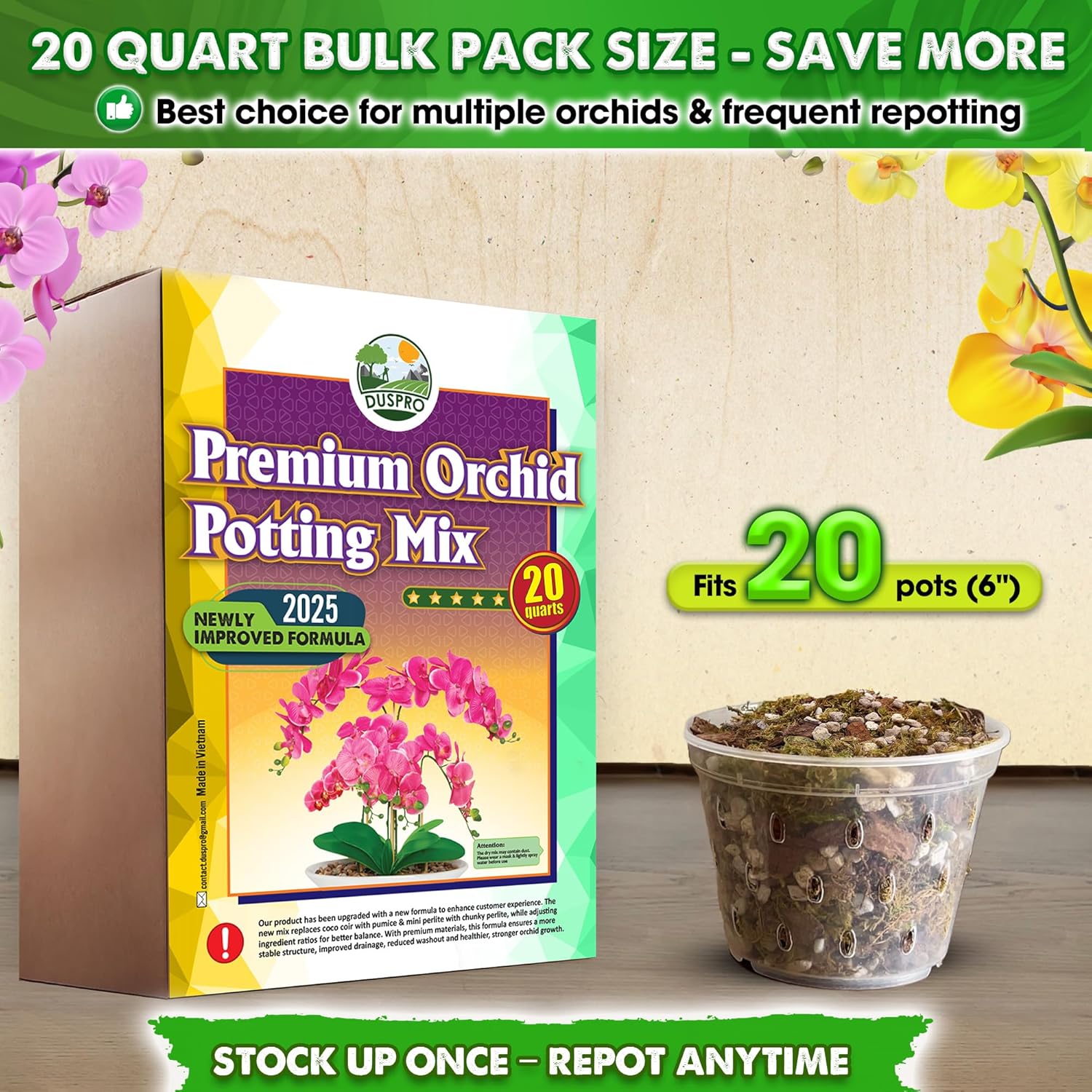 [Upgraded] DUSPRO Orchid Potting Mix for Repotting with Forest Moss, Pine Bark, Perlite & Pumice, Orchid Bark Potting Mix, Orchid Repotting Soil, Drainage Indoor Potting, Orchid Pot Not Included, 20QT