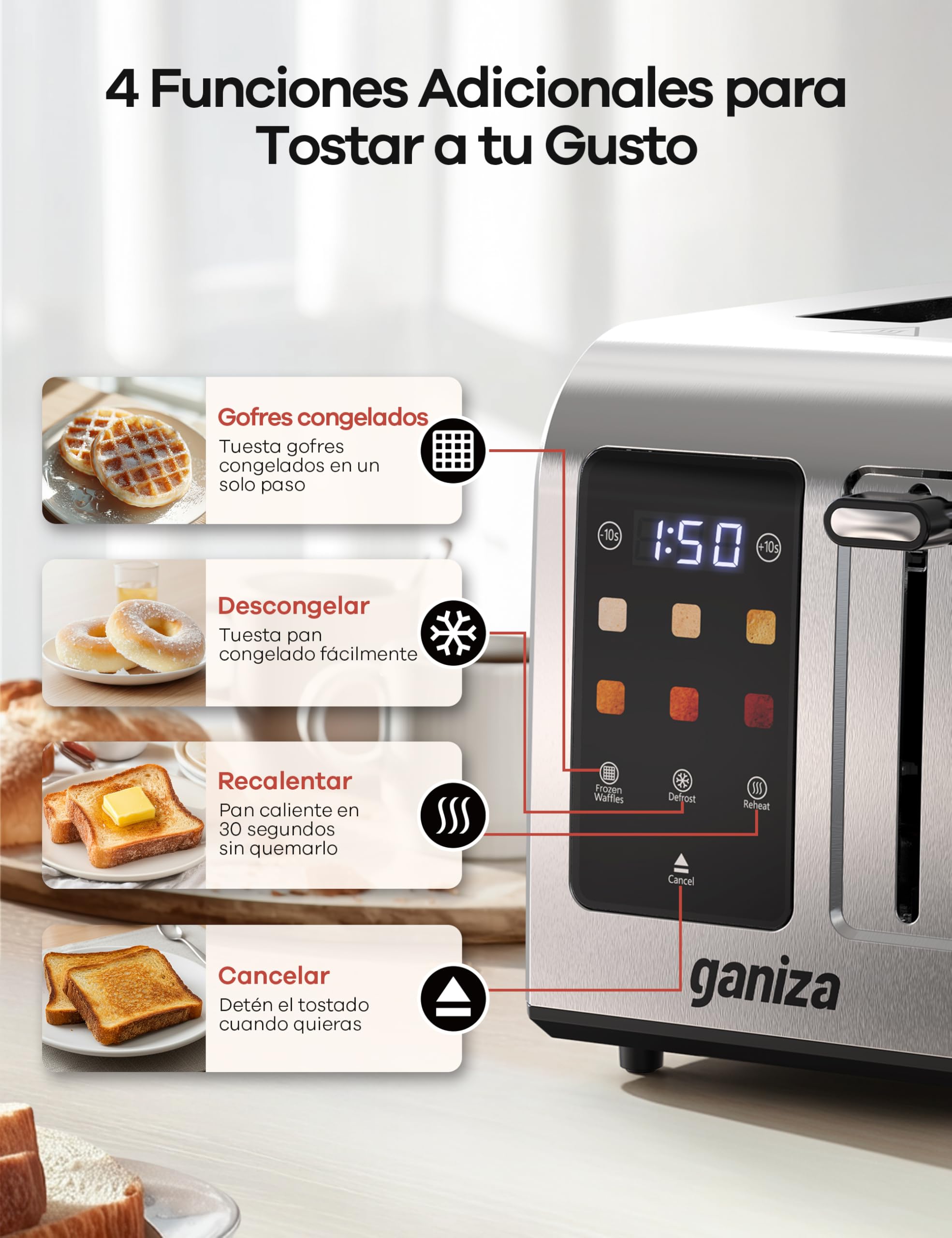 Ganiza Tostadora Inteligente para 2 Rebanadas, Acero Inoxidable con Pantalla Táctil, 6 Niveles de Tostado,Temporizador Digital, Ranura Ancha, +/-10 s, Bandeja Recogemigas, 925 W