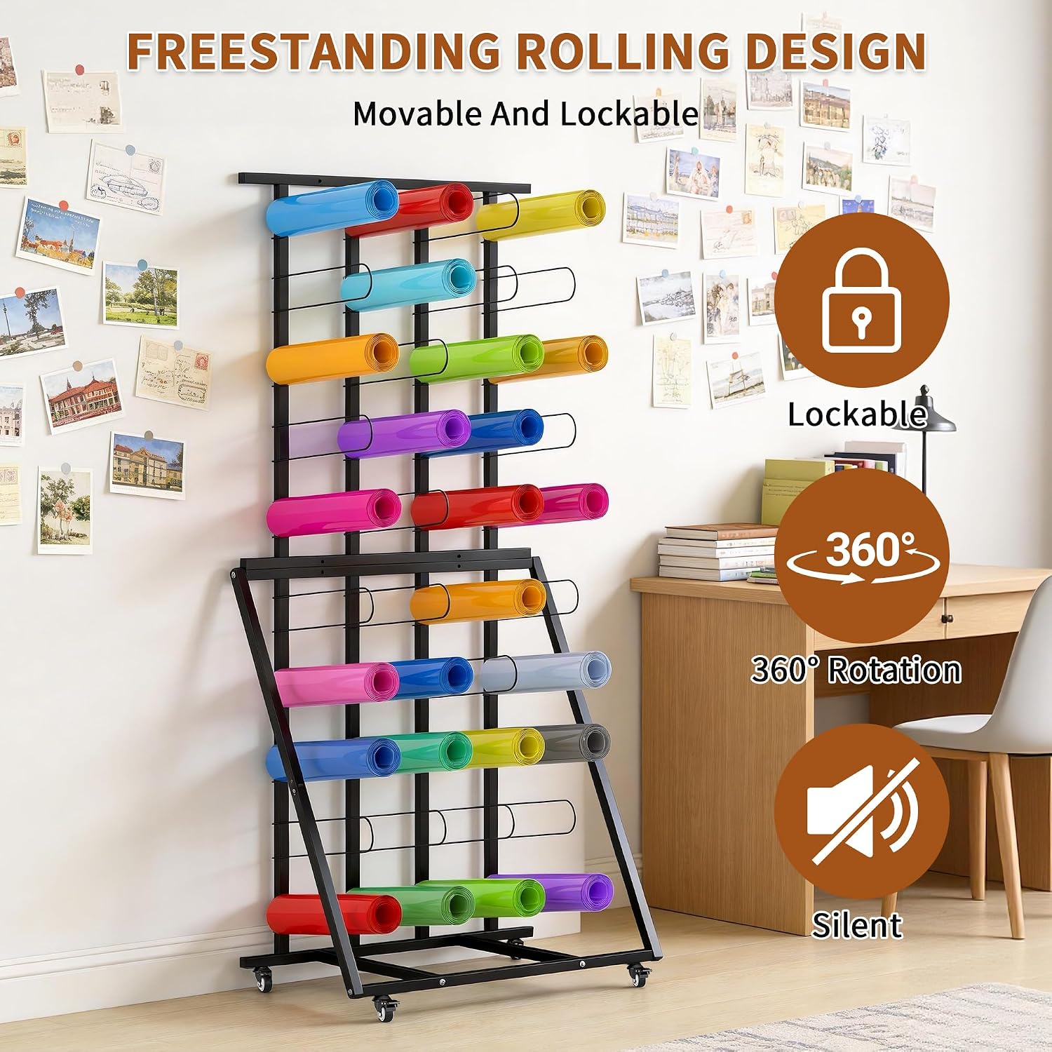 Rolling Vinyl Roll Floor Storage Rack, Heavy Duty Metal Vinyl Roll Holder Organizer, Wall Mount Blueprint Storage Rack Office, 40 Rolls Craft Wrapping Paper Holder, Organizer for Linen,Fabric,Texture