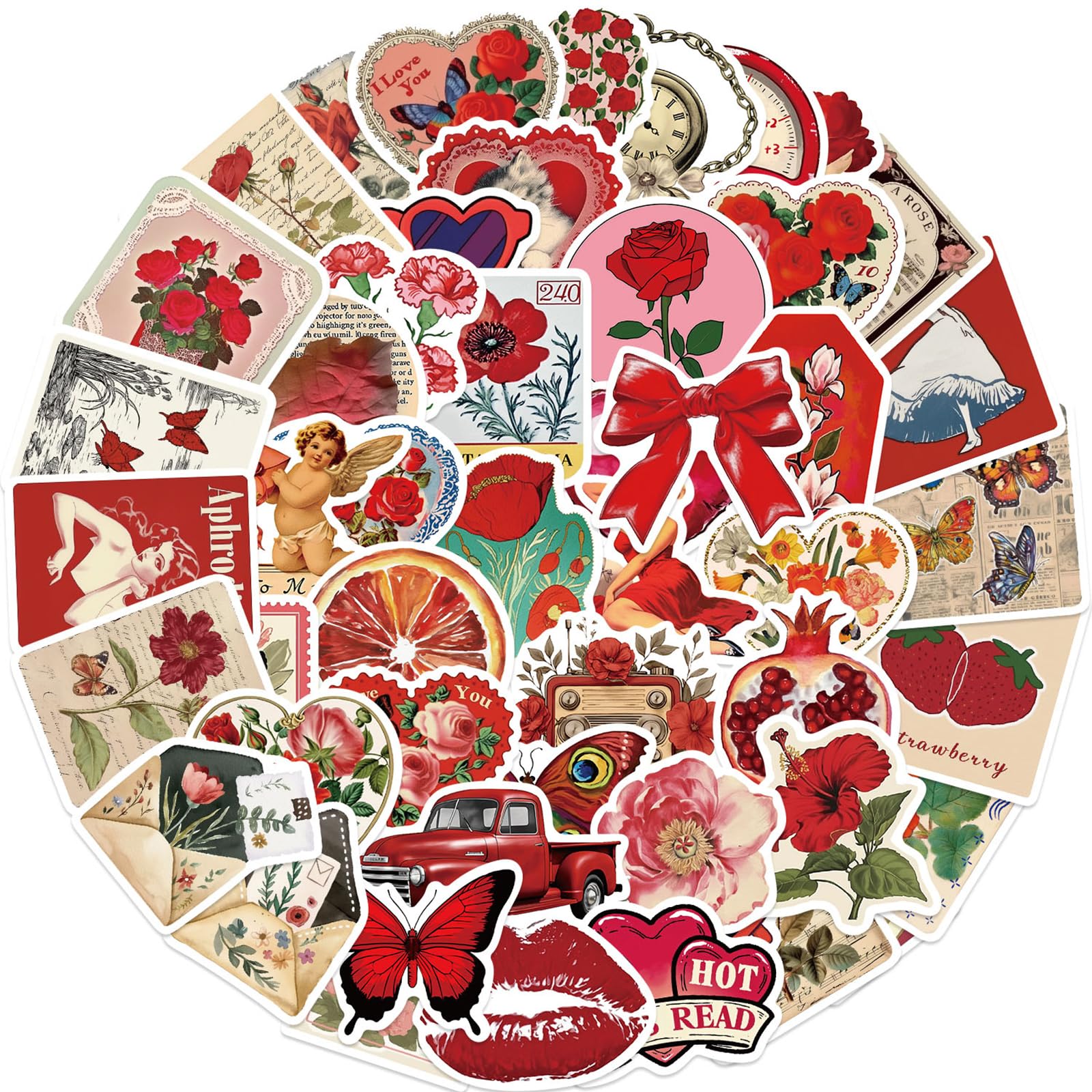 Retro Red Aesthetic Scrapbook Stickers Vintage Floral and Graphic Style Matte Vinyl for Journalling Luggage Laptops and Bottles Decorative Decals for Teens Adults Creative Users