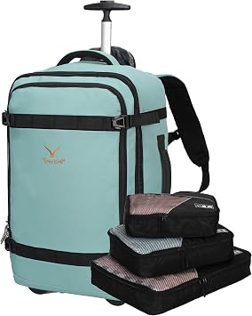 Hynes Eagle 42L Rolling Backpack Wheeled Backpack Flight Approved Travel Backpack Carry on Luggage Mint Green with 3PCS Packing Cubes Set Black