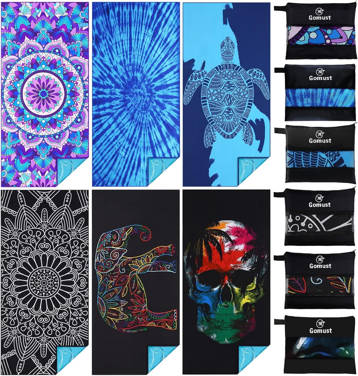 6 Pack Lightweight Thin Beach Towel Oversized 71"x32" Big Extra Large Microfiber Sand Free Towels for Adult Quick Dry Travel Camping Beach Accessories Gift Sea Turtle Tie Dye Mandala Elephant Skull