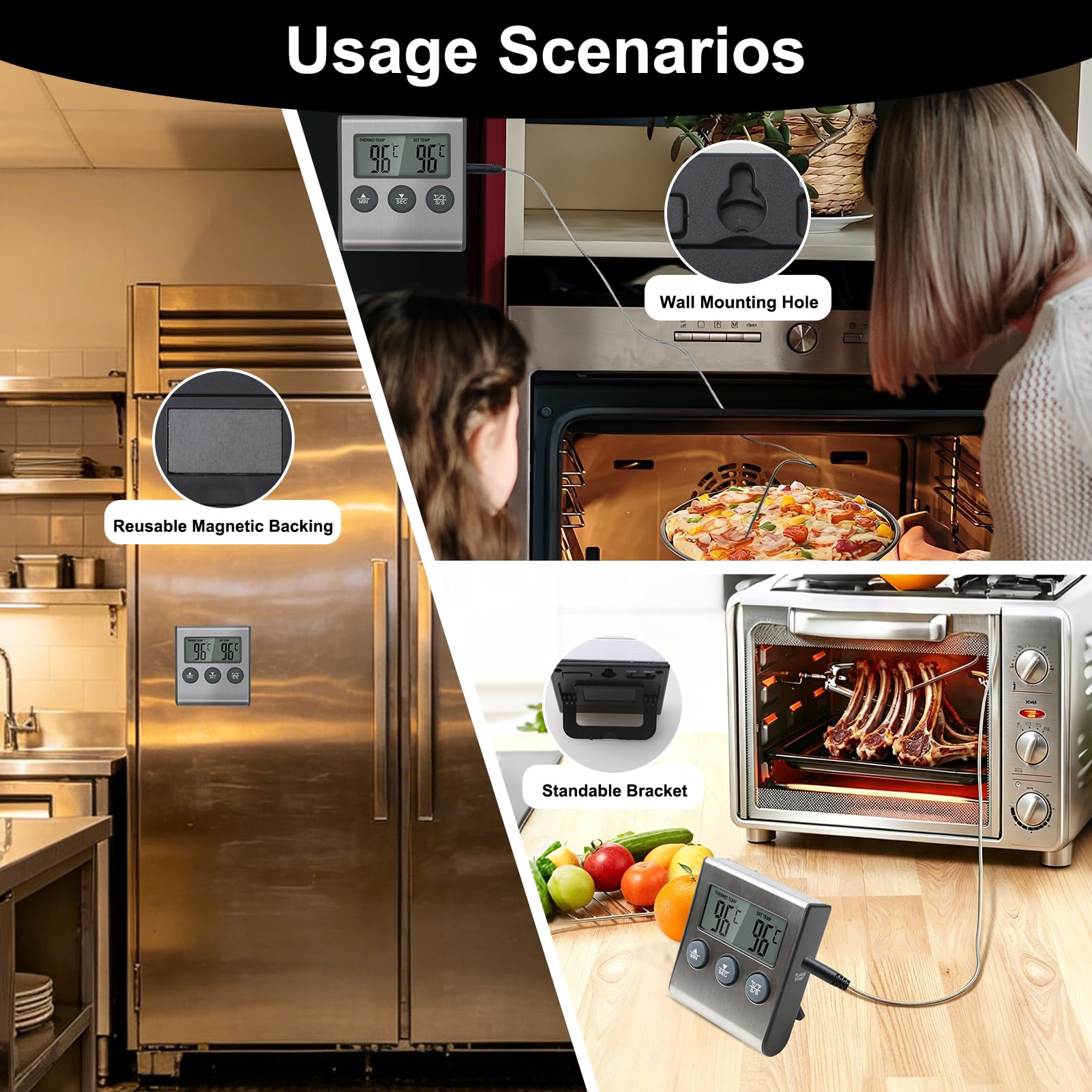 Thermomètre de Cuisson Numérique avec Grand Écran LCD, Sonde en Acier Inoxydable, Minuterie pour Four, Gril et Barbecue