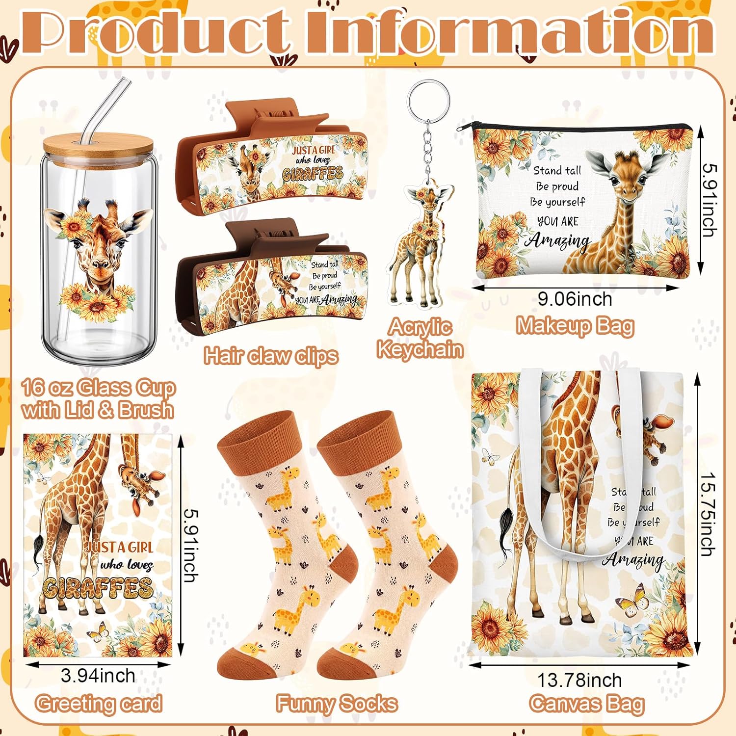 Skylety 8 Pcs Giraffe Gift Set for Women, Birthday Christmas Gift Includes 16 oz Straw Tumbler with Lid, Canvas Tote Bag, Hair Claw, Keychain, Socks, Card, Toiletry Bag for Giraffe Lover