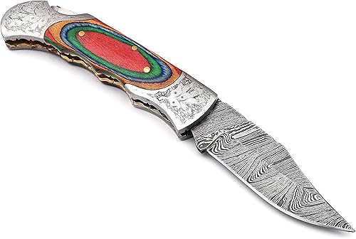 Miniatura 2 de Hecho a mano hoja de acero Damasco Cuchillo de bolsillo con funda de cuero 5170 Multi, cuchillos para hombres mejor regalo (MCW)