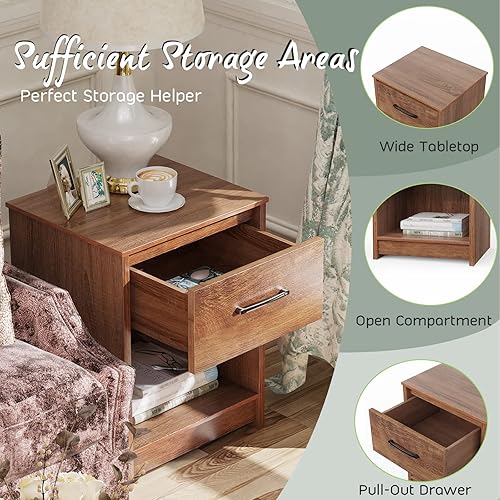 Miniatura 4 de Giantex Mesita de noche con cajón, juego de 2 mesas auxiliares de madera con compartimento de almacenamiento abierto, mesa auxiliar multiusos para