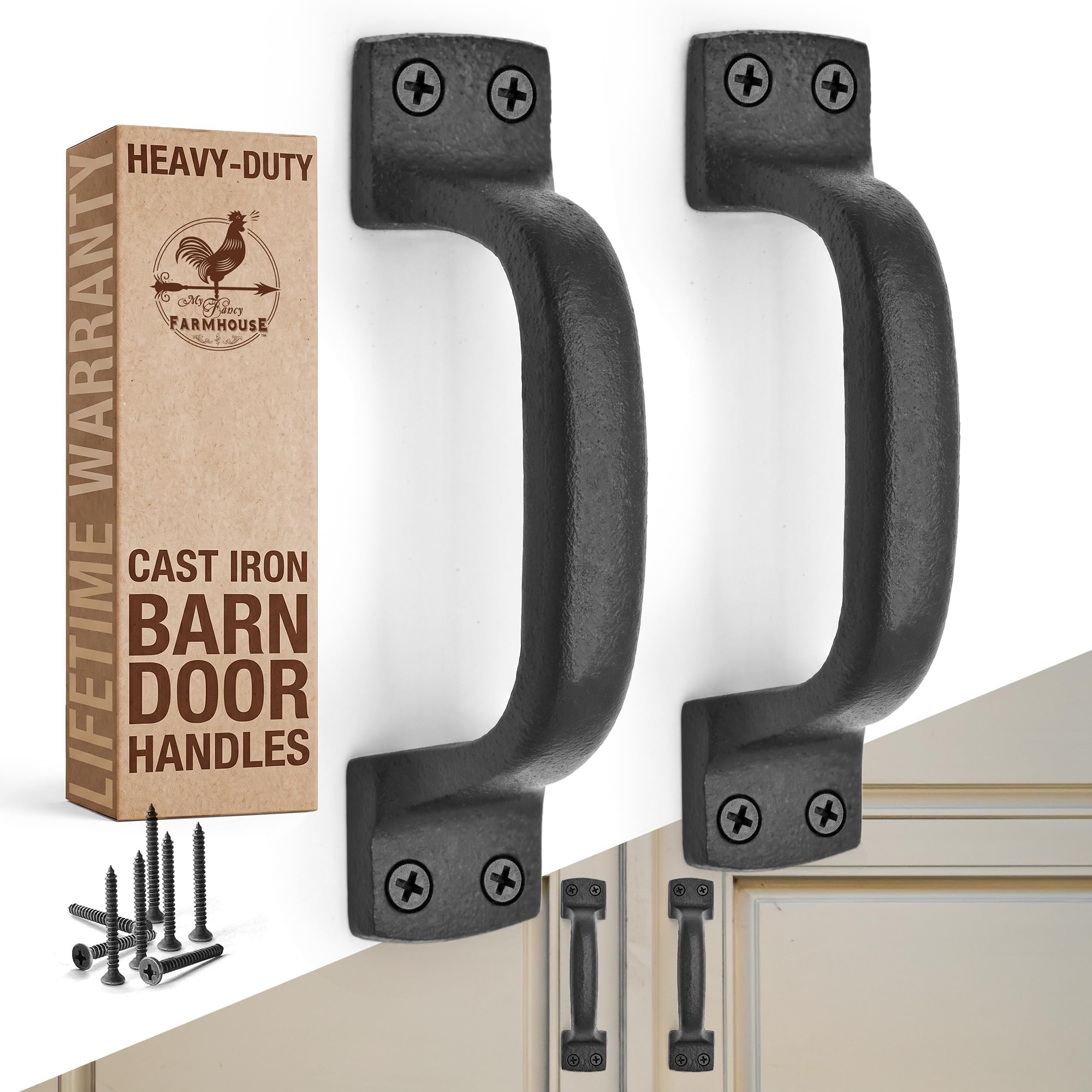 Rustic Barn Door Handles (2 Pack) Heavy Duty - Black Cast Iron Gate Handles - Shed Door or Garage Door Handles - Includes Hardware (6 1/4 inches Tall, Indoor or Outdoor Farmhouse Decor)