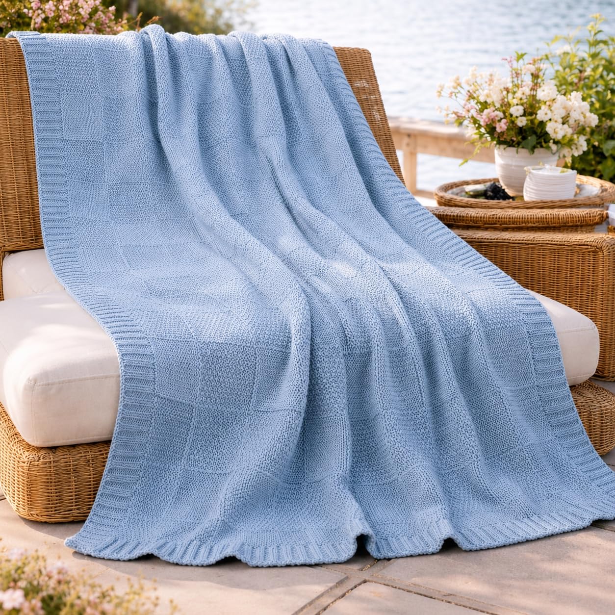 HOME Plaid arredo 130x160 cm – Coperta leggera e morbida – Ideale per divano e poltrona – Stile elegante primavera estate – (Azzurro)