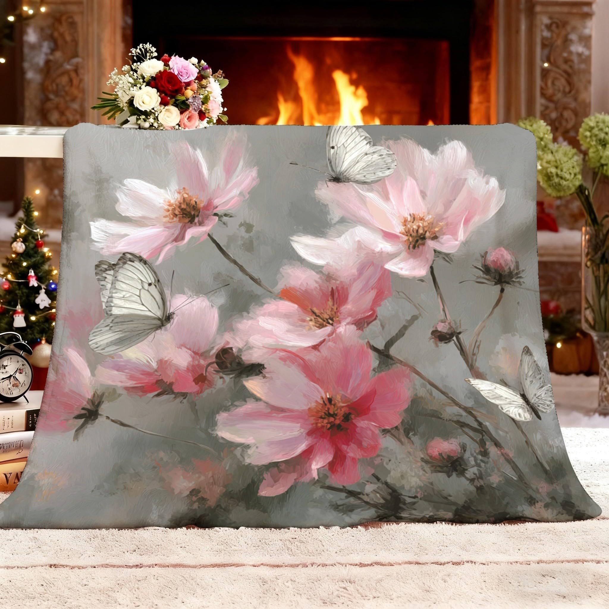 Couverture chaude grise lavable en machine sans peluches motif fleurs