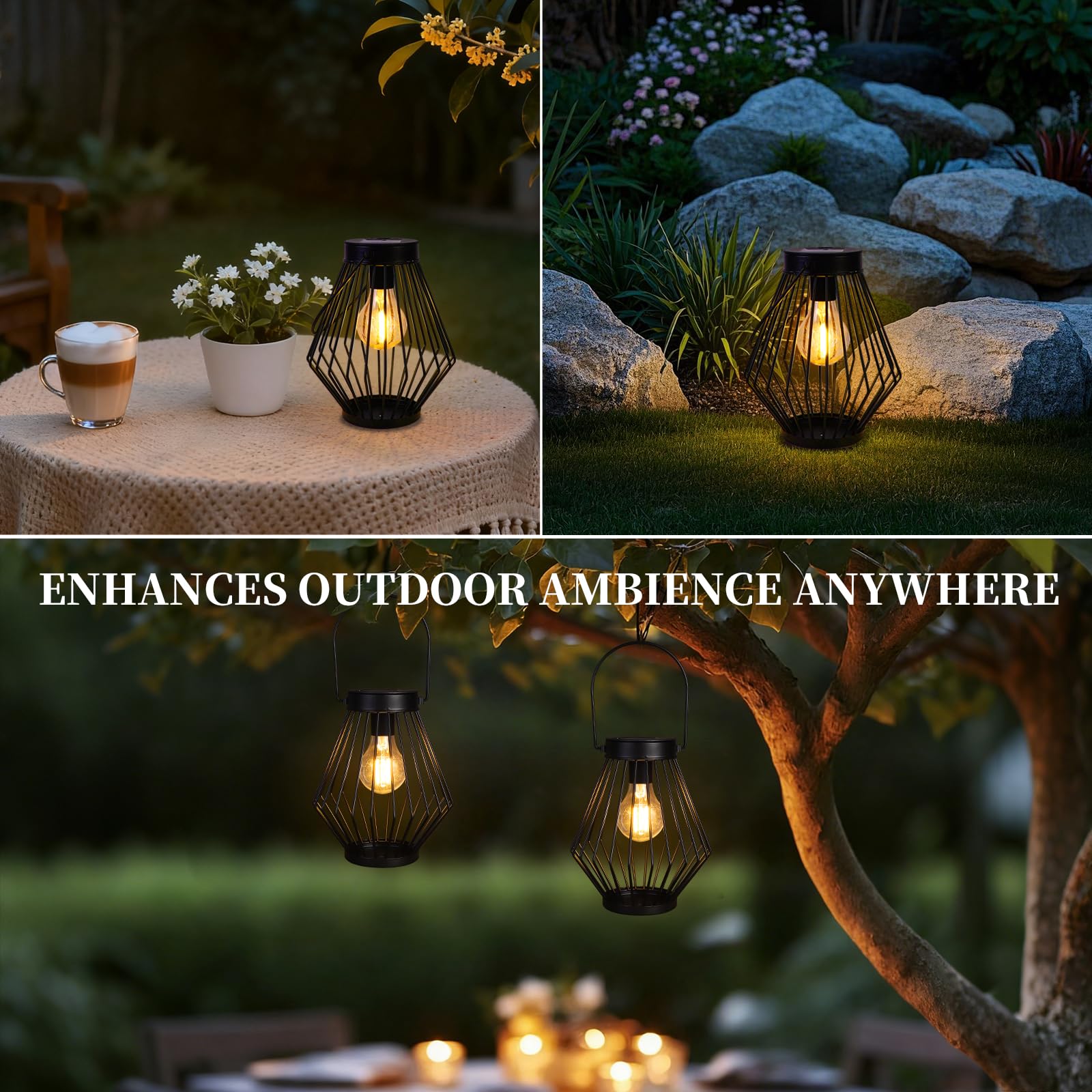 Solarlaterne für den Außenbereich, solarbetriebene Metallleuchte mit Griff, 2 Packungen, wasserdicht, kabellos, warm, Retro-Leuchtmittel, Design-Lampe für Hof, Garten, Terrasse, Zaun,
