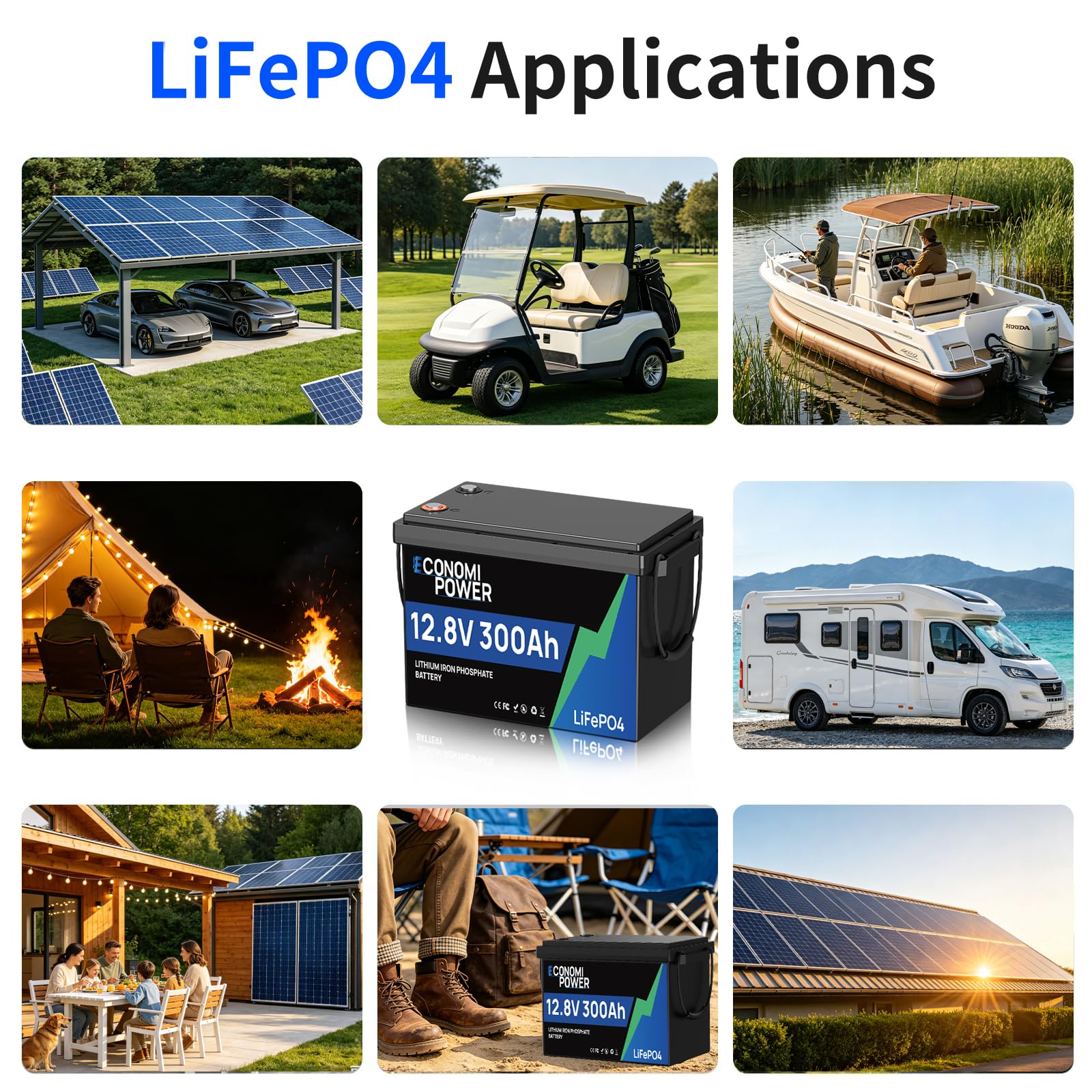 Batterie Lifepo4 300Ah 12V, EconomiPower 3840Wh batterie lithium BMS 200A, Max 15000 temps de cycle et 10 ans de durée de vie, idéal pour solaire, camping-car, d'électricité, off-grid