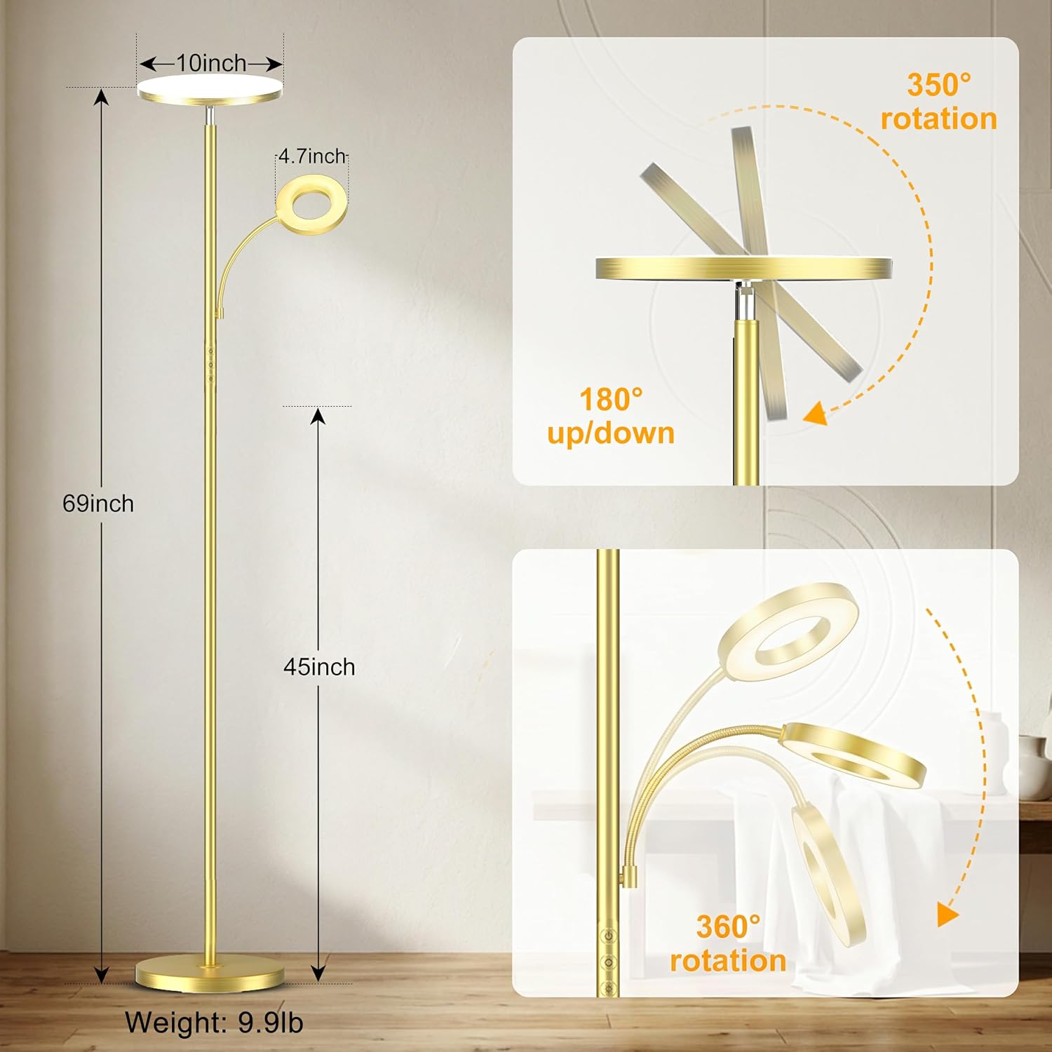 marctronic Polished Gold Floor Lamp, 42W 4000LM Premium Brightness, Luxury Decor Finish & Smart Plug Compatible, Touch Control Dimmable Reading Lamp for Living Room image 4