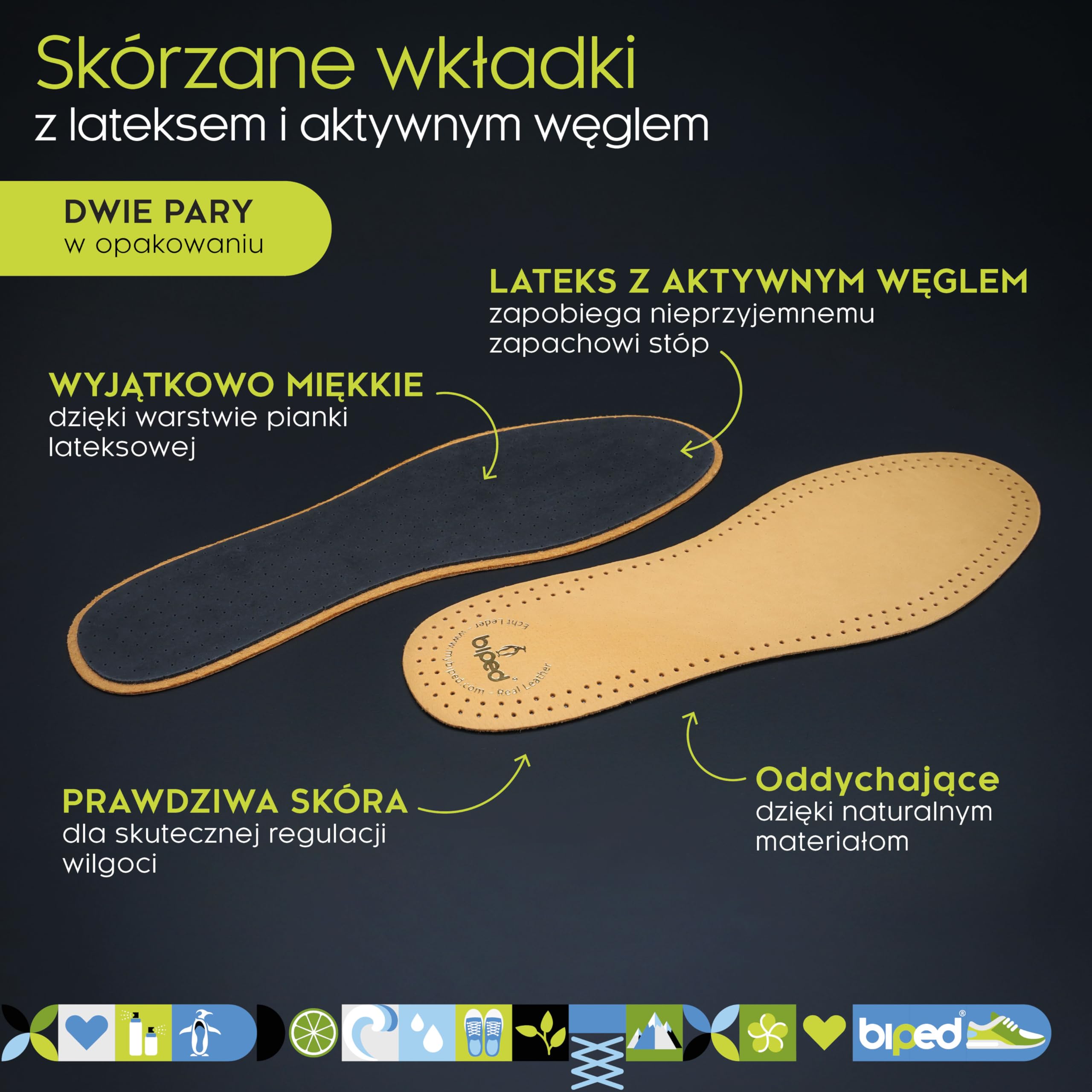 biped 2 pary skórzanych wkładek premium z węglem aktywnym - Oddychające wkładki przeciw poceniu się stóp - Miękkie skórzane wkładki dla kobiet i mężczyzn z2763(39)