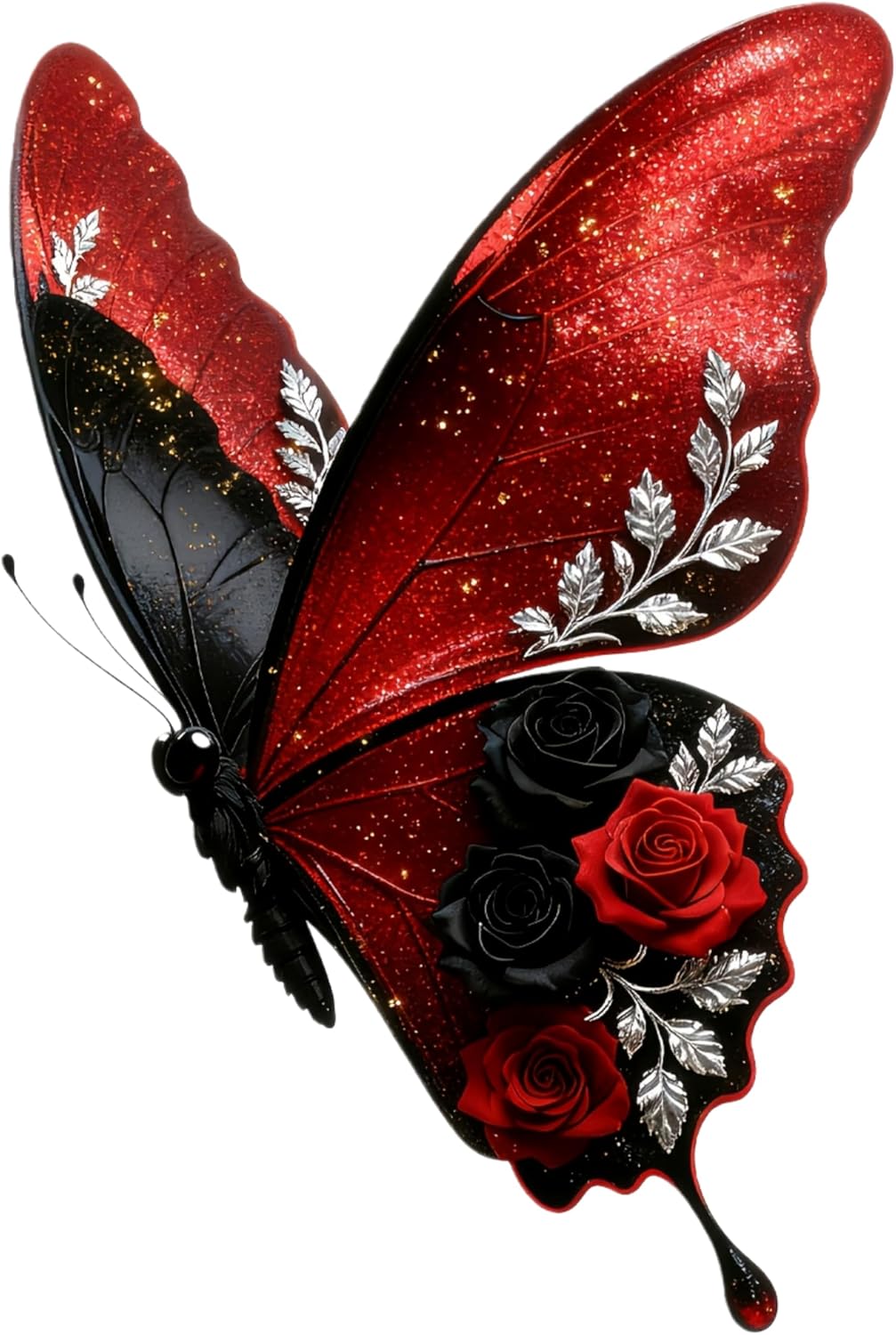 Waterproof Red and Black Butterfly with Roses Car Stickers, Vinyl car decals & bumper stickers for vehicles – Durable 5.5 Inch Decals for Car, Motorcycle, Laptop, Suitcase, Wall, Door, Bicycle, 2 Pack