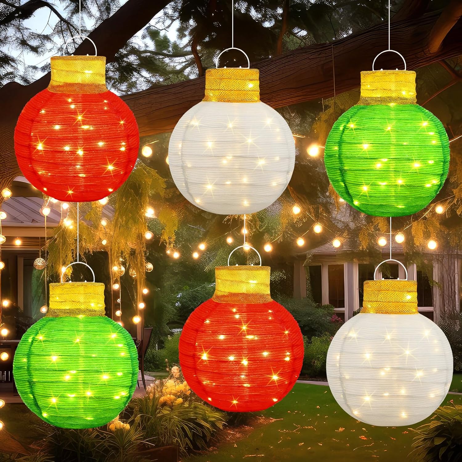 Mudder 6 Pcs Lighted Christmas Ornament Ball Giant Pop-Up Hanging Merry Christmas Balls with LED Lights Xmas Foldable Ornament Lights for Holiday Outdoor Indoor Yard Tree Decor (Red, Green, White)