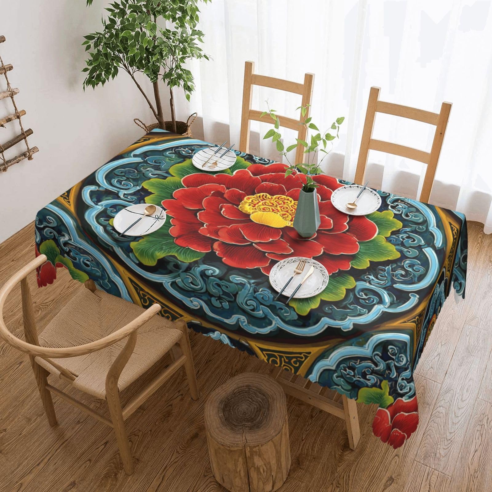 MXZERFKGLA Rectangle Tablecloth 137x183 cm Waterproof Tablecloth for Dining Tables Kitchen Farmhouse Tablecloths Chinese pattern Table Cloth Wrinkle Free Table Cover for Dining Buffet Wedding Party