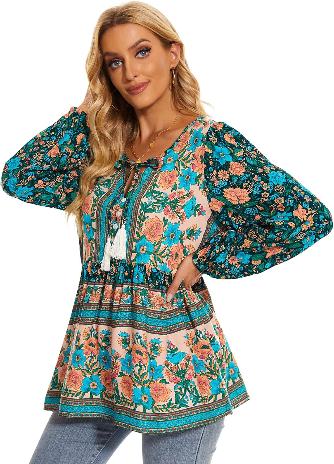 Vogebund Women's Floral Boho Tunic Tops Casual Long Sleeve Loose Beach Blouses Self-Tie V Neck T Shirts - Image 4