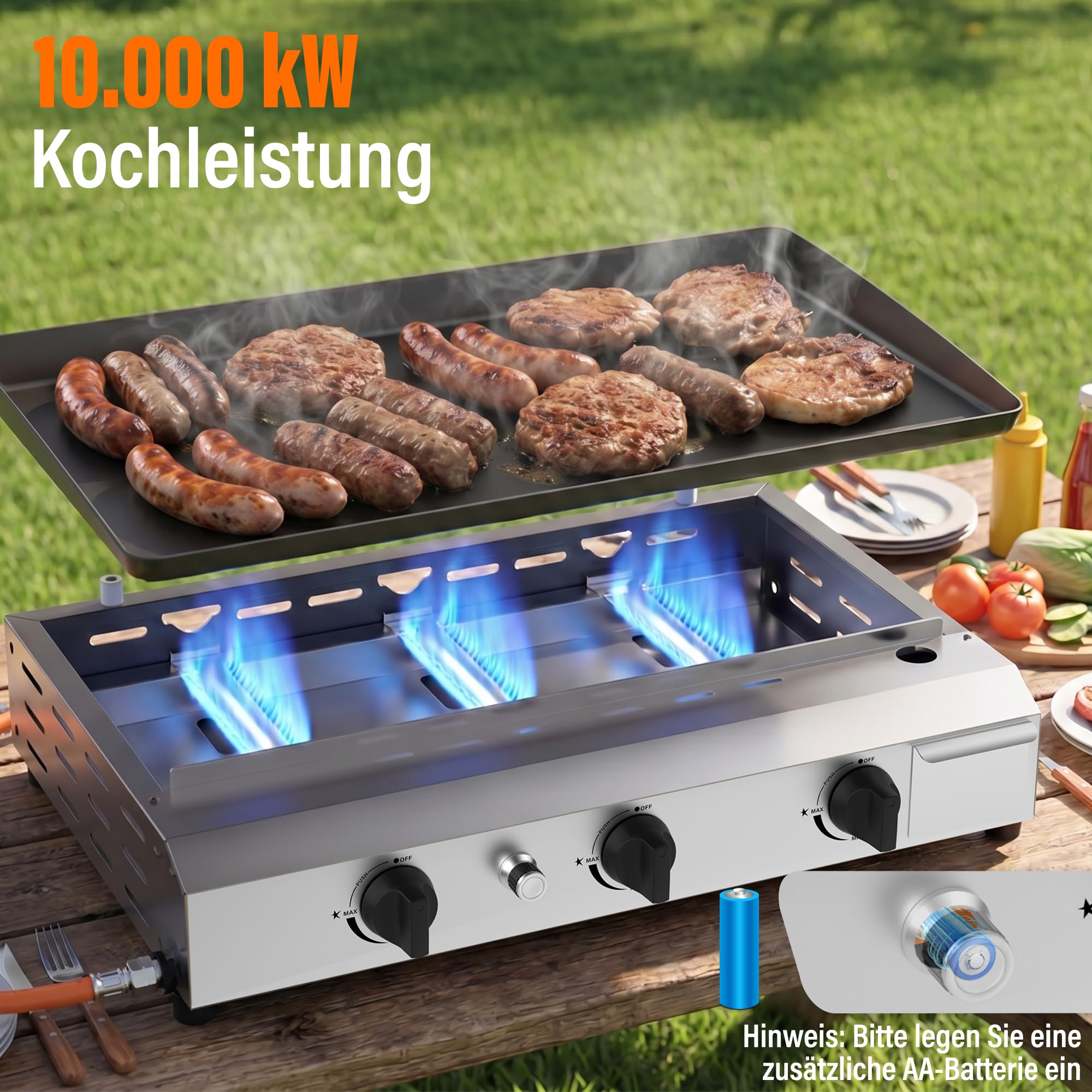 Veralune Gas Plancha, 3-Brenner Gasgrill 6,3 kW, 64*39cm großer Kochbereich | Grillplatte, Kompakt Tischgasgrill mit 50 mbar Druckregler, Keramikbeschichtung, für Butan/Propan, Garten, Picknick & Strand