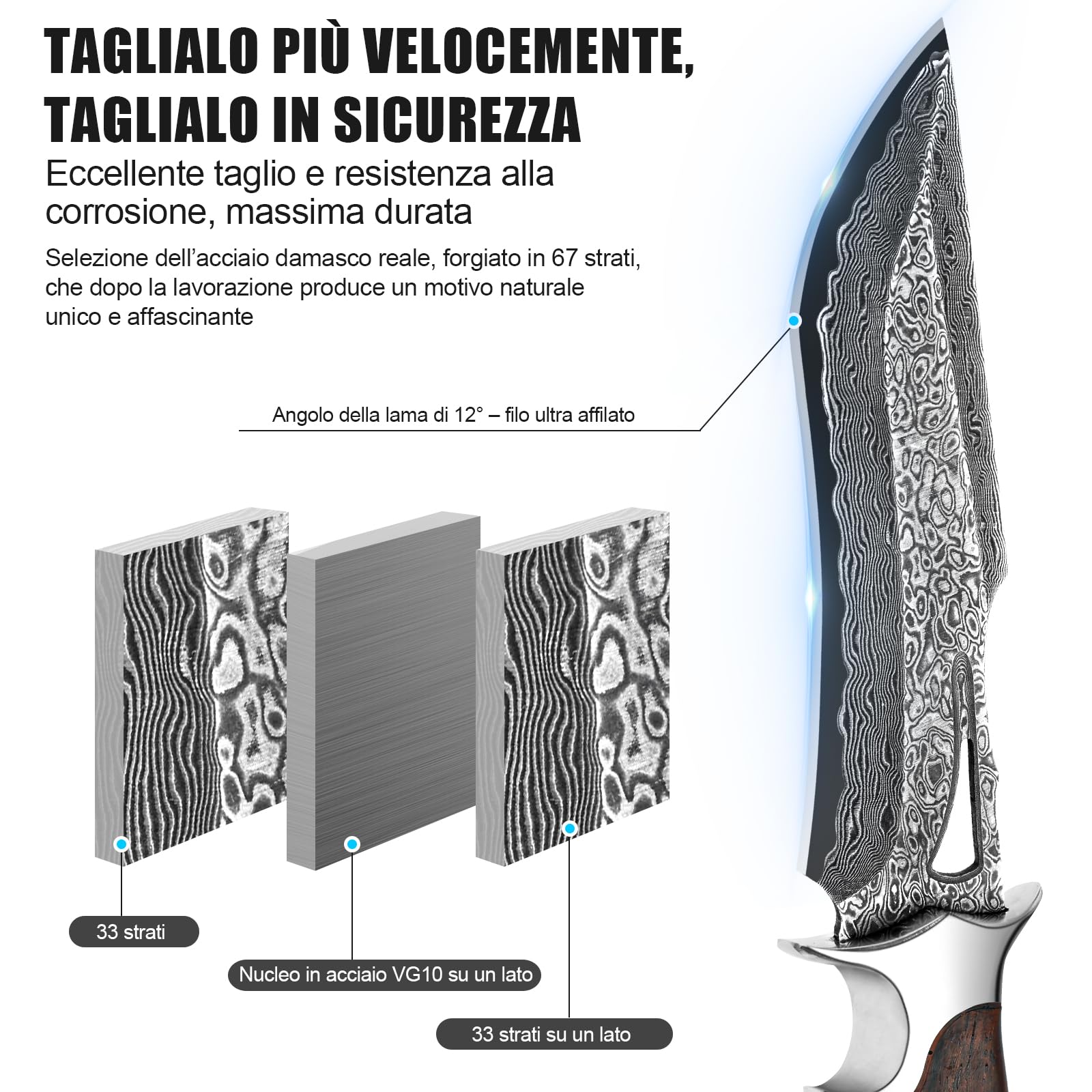 Coltello Outdoor in Acciaio Damasco 26,4 cm con Fodero, Lama Fissa Artigianale VG10, Manico in Legno, per Camping, Bushcraft e Attività all’Aperto