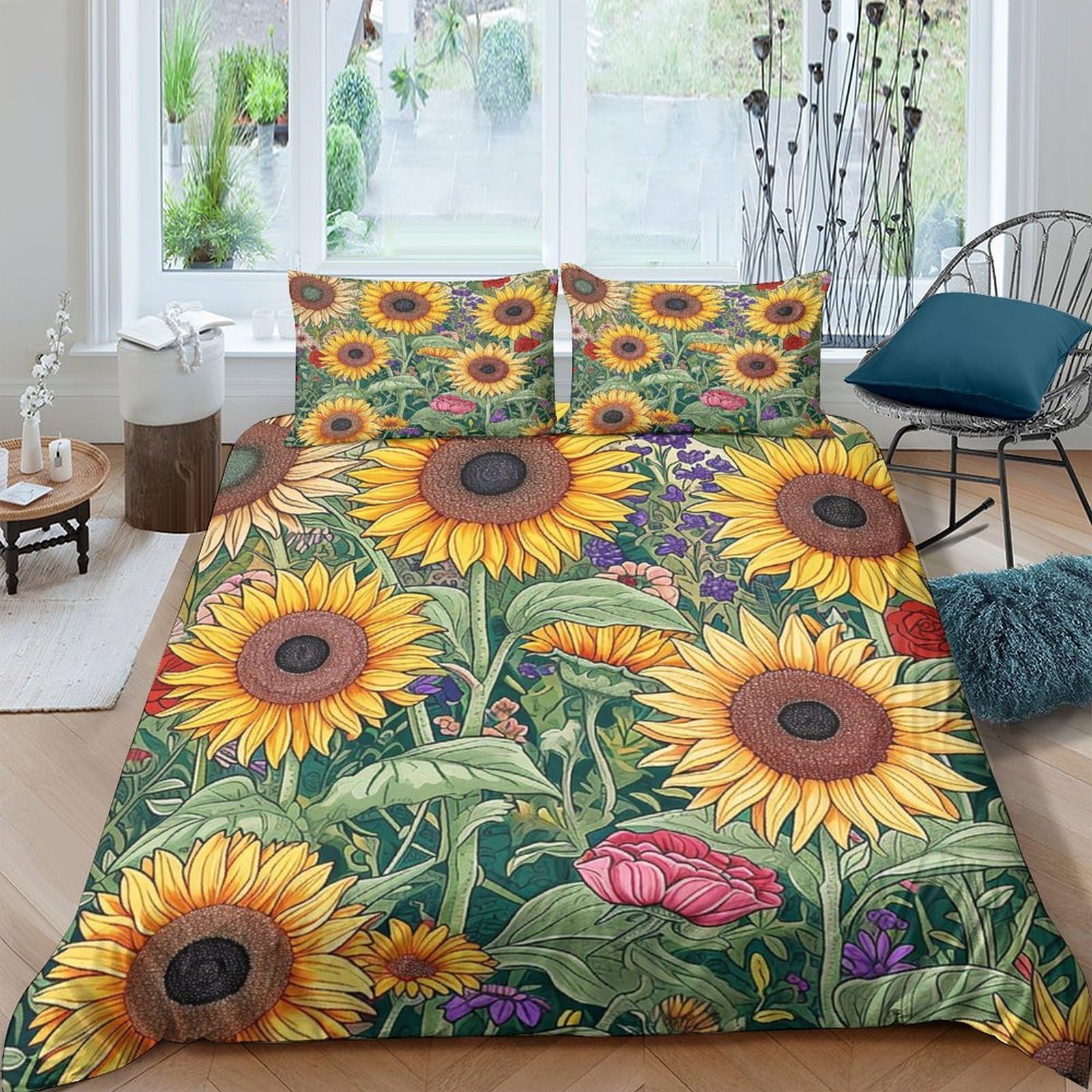 Ctjqhvkz Style-4 3D Printed Sunflower Garden Fitted Sheet Microfiber Soft Floral Wildflower Mattress Cover For Bedroom Guest Room Decor Single（135X200cm）