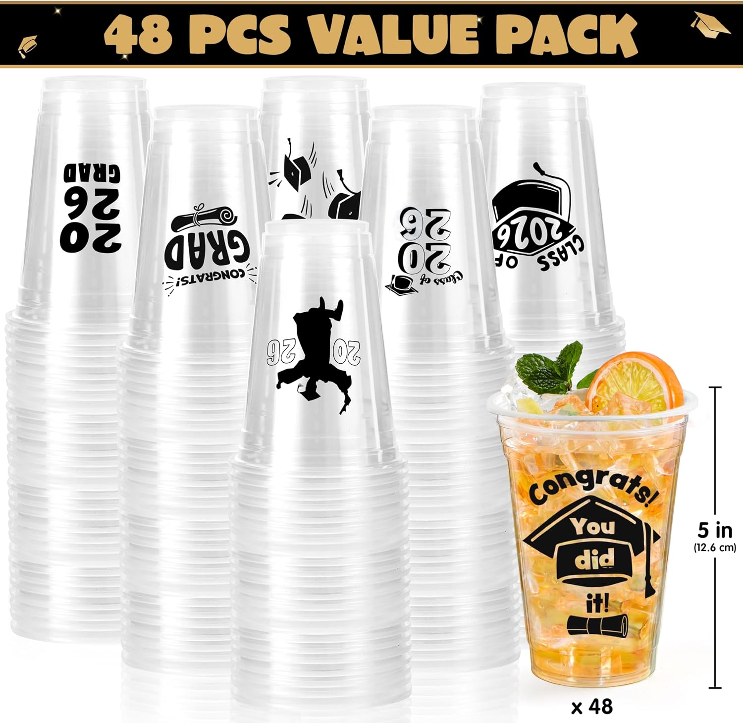 JOYIN 24 Pcs 16OZ Graduation Plastic Party Cups, Black Class of 2026 Decorations, Personalized Graduation Cups for College High School Grad Party Favors Supplies