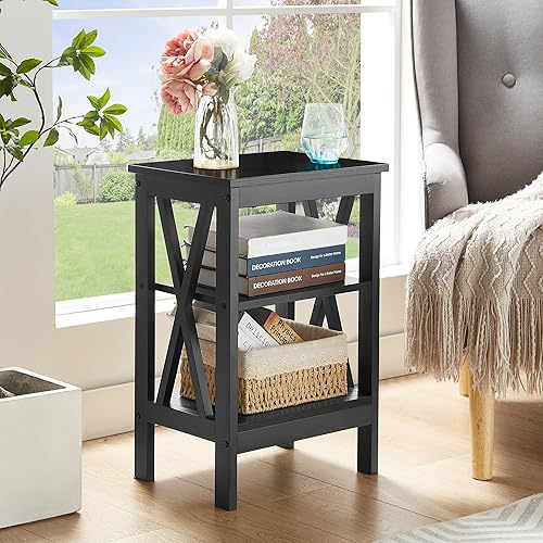 Miniatura 8 de VECELO Mesitas de Noche Modernas, Diseño en X, Mesa Auxiliar Lateral/Final con Estantería de Almacenamiento para Dormitorio, Sala de Estar,