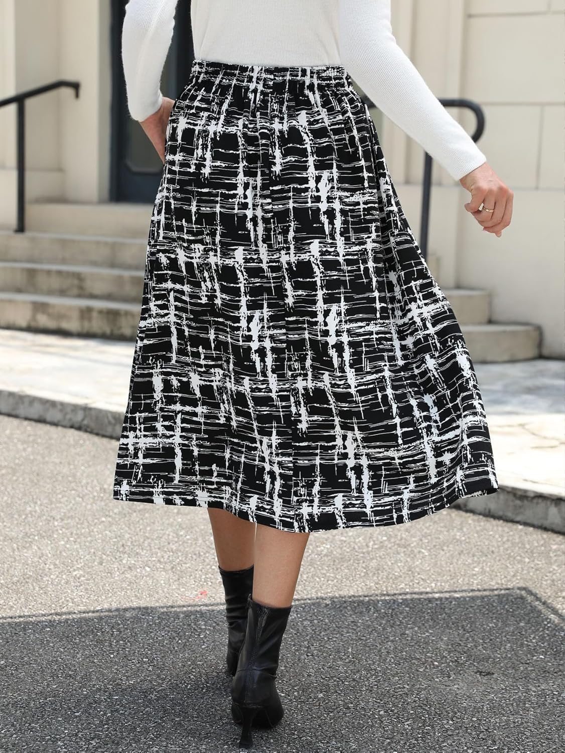 Skirts for Women Vintage Trendy Elastic High Waisted Casual Work Flowy Swing A Line Fall Skirt with Pockets - Image 3