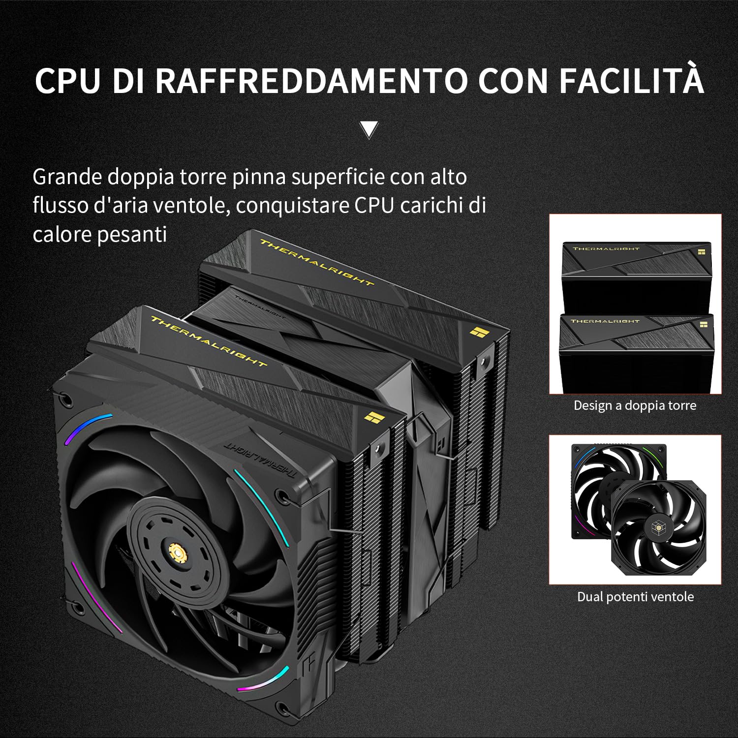 TR-Royal Pretor 130 Ultra Black Raffreddatore CPU, 7 Heatpipes Ventola di Raffreddamento, copertura superiore nera spazzolata, per Intel LGA115X/2011/1700/1851, piattaforme AM4/AM5, doppi torri e