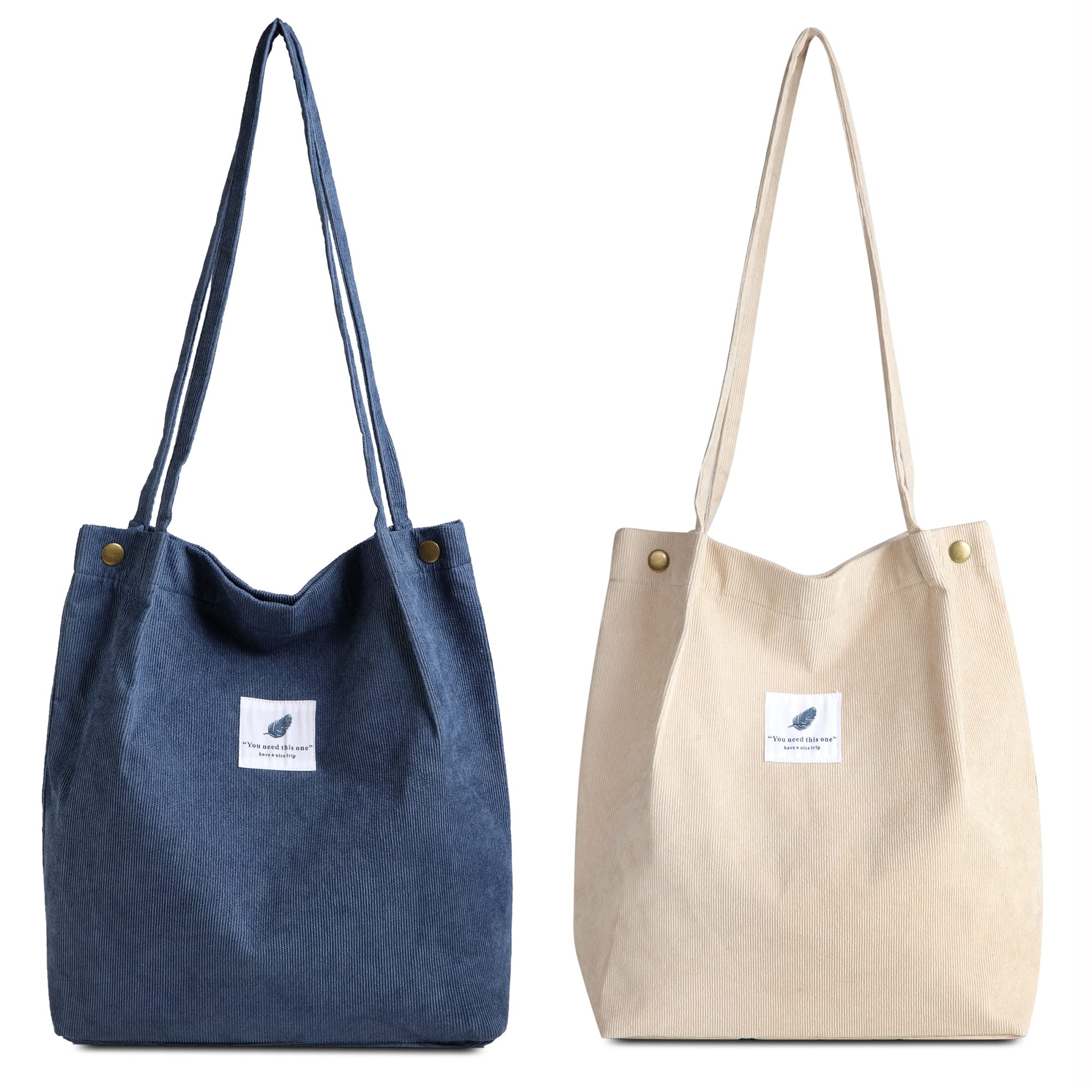 Makukke Borsa a Tracolla Donna - 2 Pezzi Borsa in Velluto a Coste Borsa a Tracolla da Donna Shopper Borsa per Uso Quotidiano (Denim Blu+Beige)