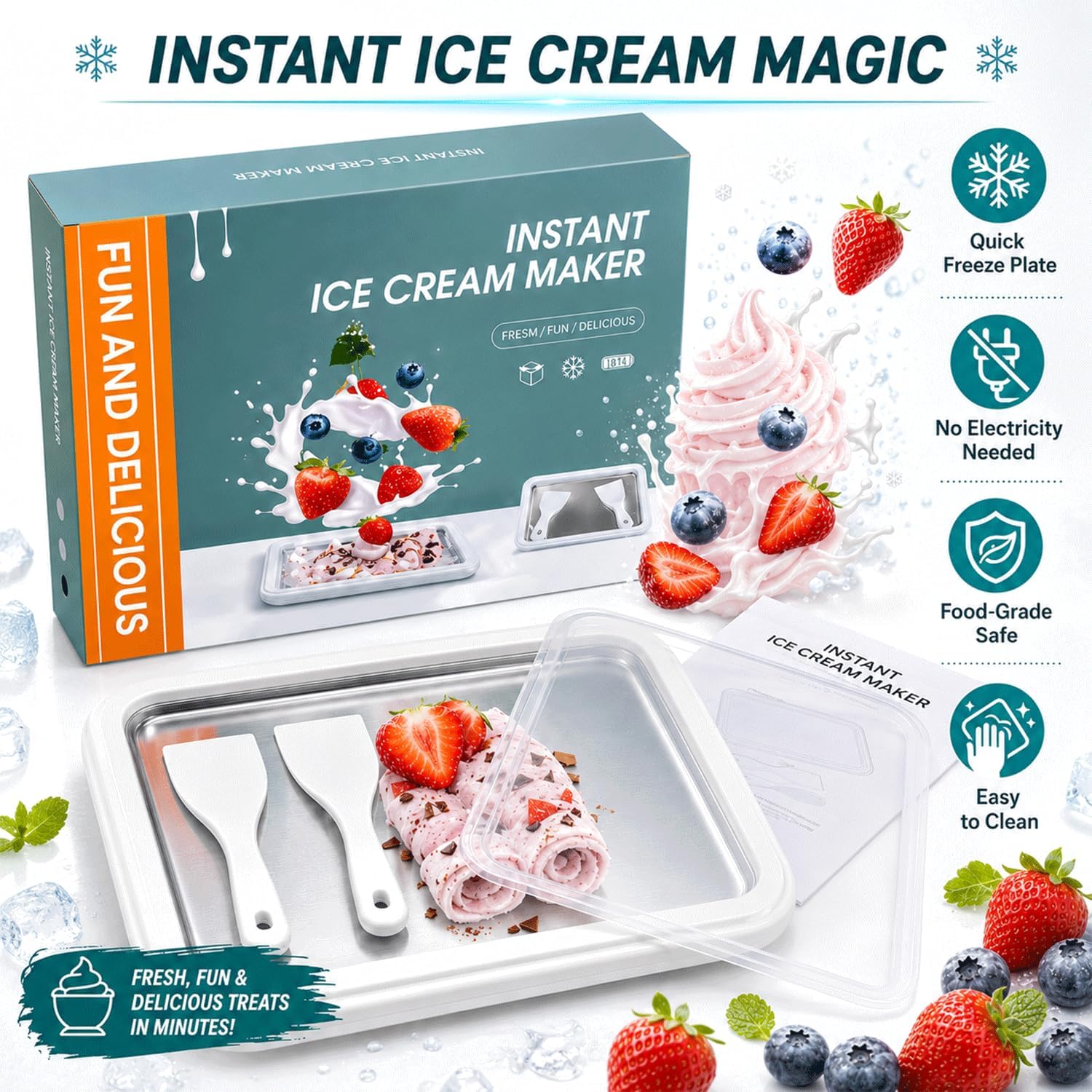 Rolled Ice Cream Maker Kit with Lid, Ice Cream Roller Pan with 2 Spatulas & Recipe Guide, Instant Frozen Dessert Maker for Homemade Ice Cream Rolls, Frozen Yogurt, Gelato & Sorbet, White