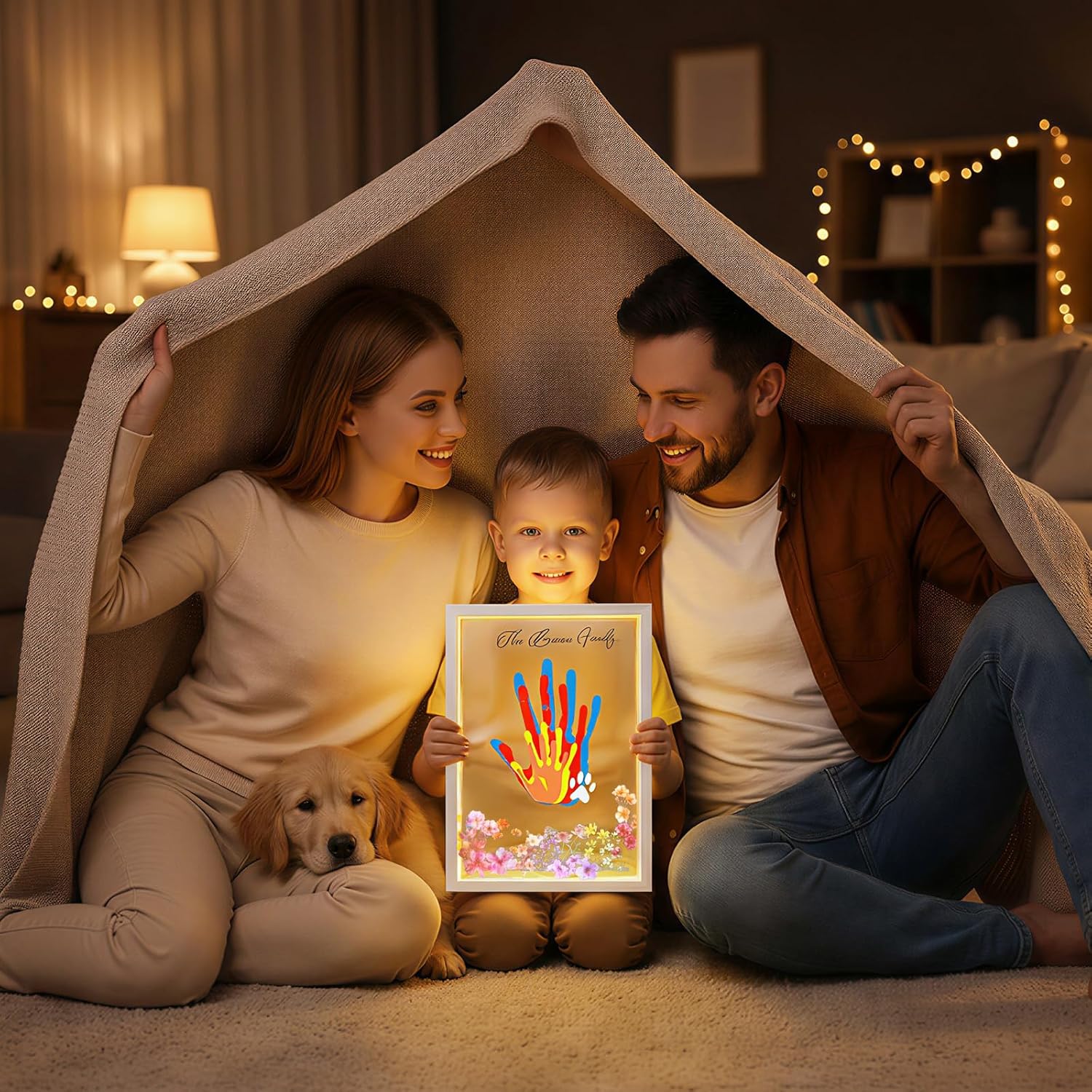 OurWarm Family Handprint Kit with Light, DIY Handprint Family Keepsake Wooden Frame with Sticker & Non-Toxic Baby Safe Paint, Baby Keepsake Gifts for Newborn, Mother's Day, New Parents, Adoption Day