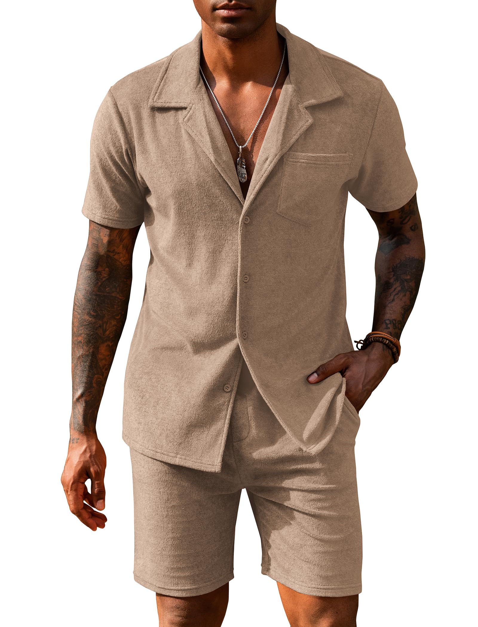 URRU Mens Short Sets 2 Piece Outfits Summer Beach Terry Short Sleeve Button Down Shirt and Shorts Set