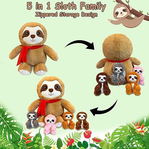 Miniatura 3 de Peluche de mamá perezosa con 4 bebés dentro del vientre, 5 piezas de juguetes de peluche de la serie perezosos abrazables, perezoso con bufanda de