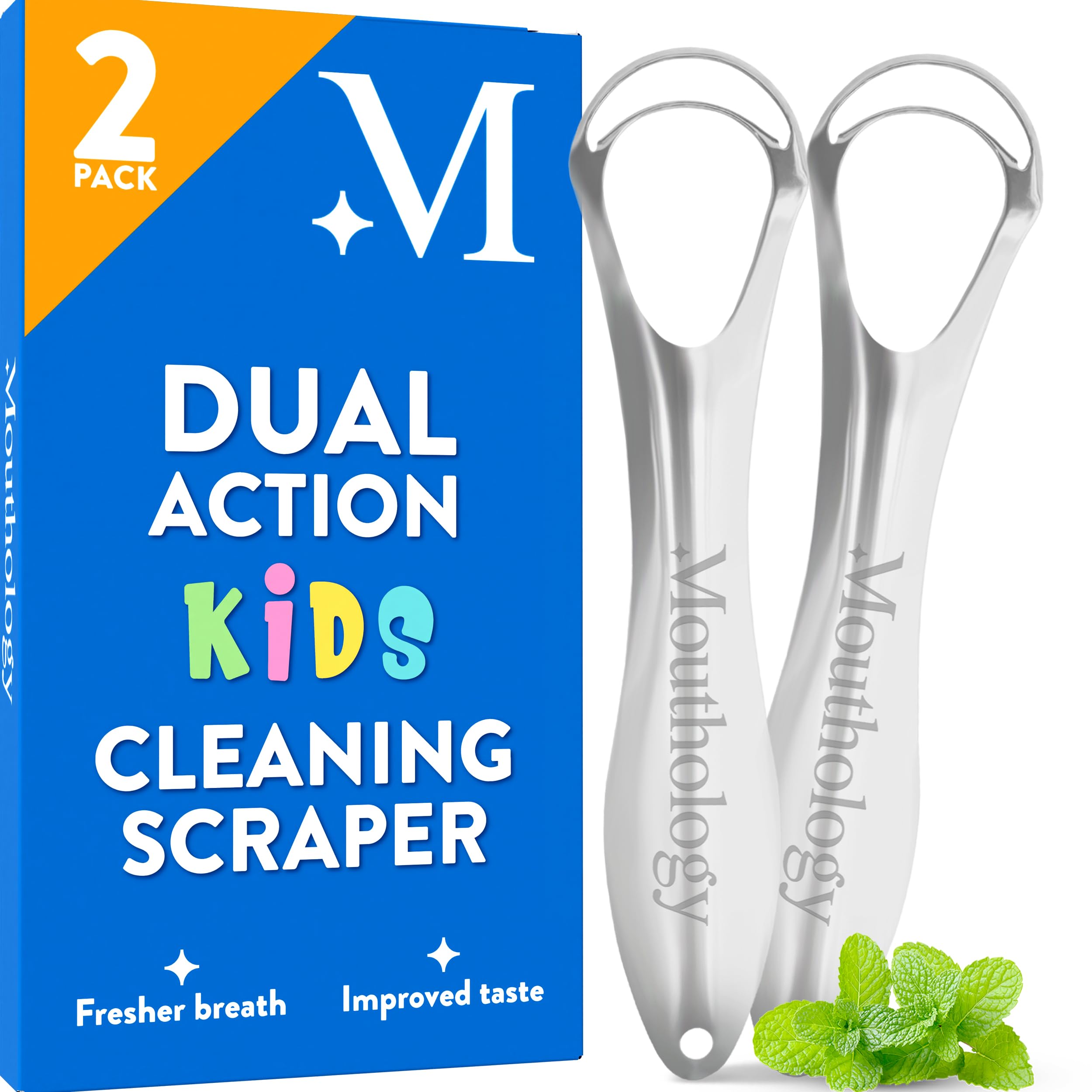 Mouthology Tongue Scraper for Kids (2 Pack), Stainless Steel Tongue Cleaner (Reduce Bad Breath), Metal Tongue Scrubber for Children, Improve Oral Health