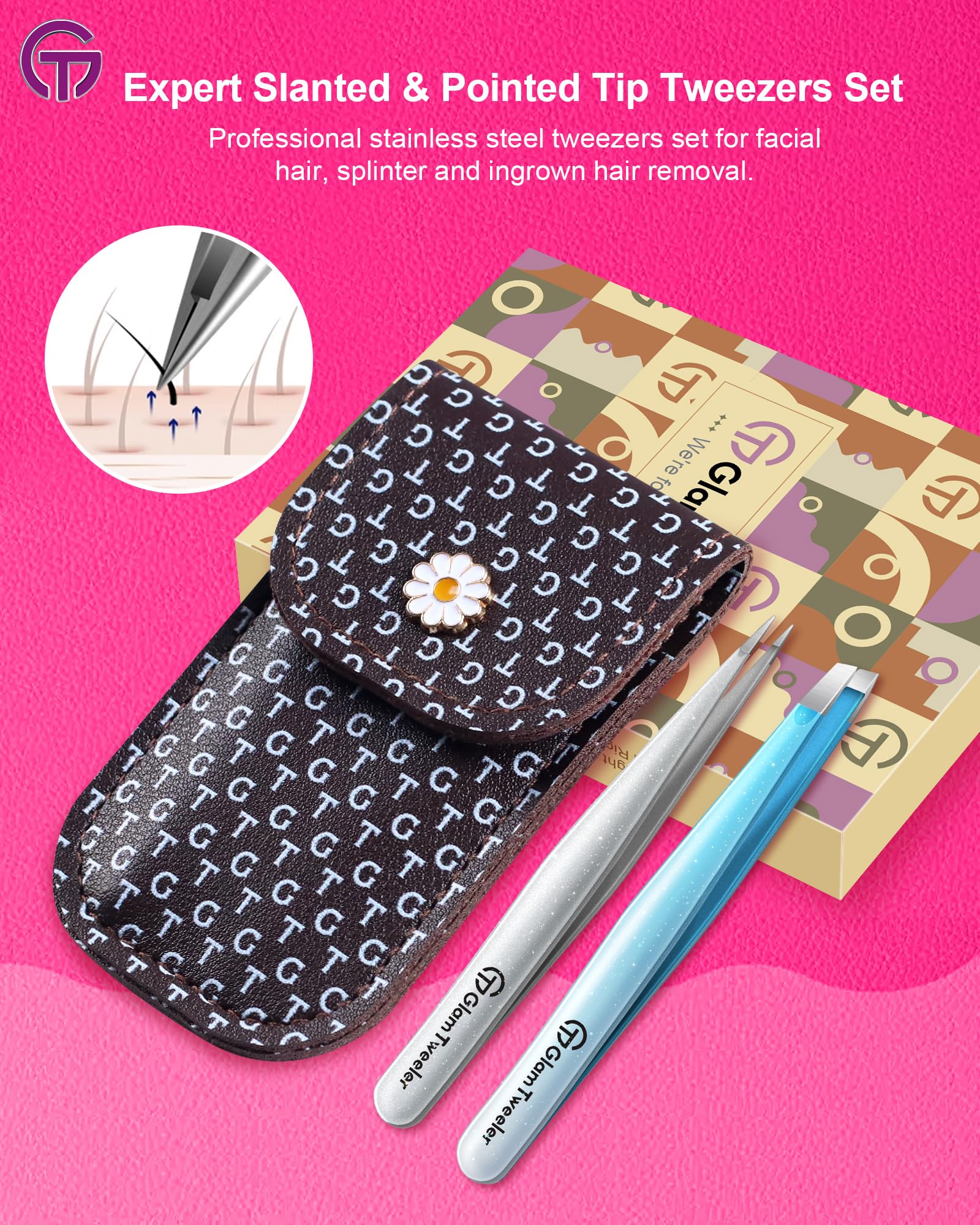 GlamTweeler - Juego de pinzas de punta inclinada y puntiaguda con exclusiva funda de cuero, juego de pinzas afiladas y de precisión para cejas, vello facial y eliminación de vello fino (azul brillante